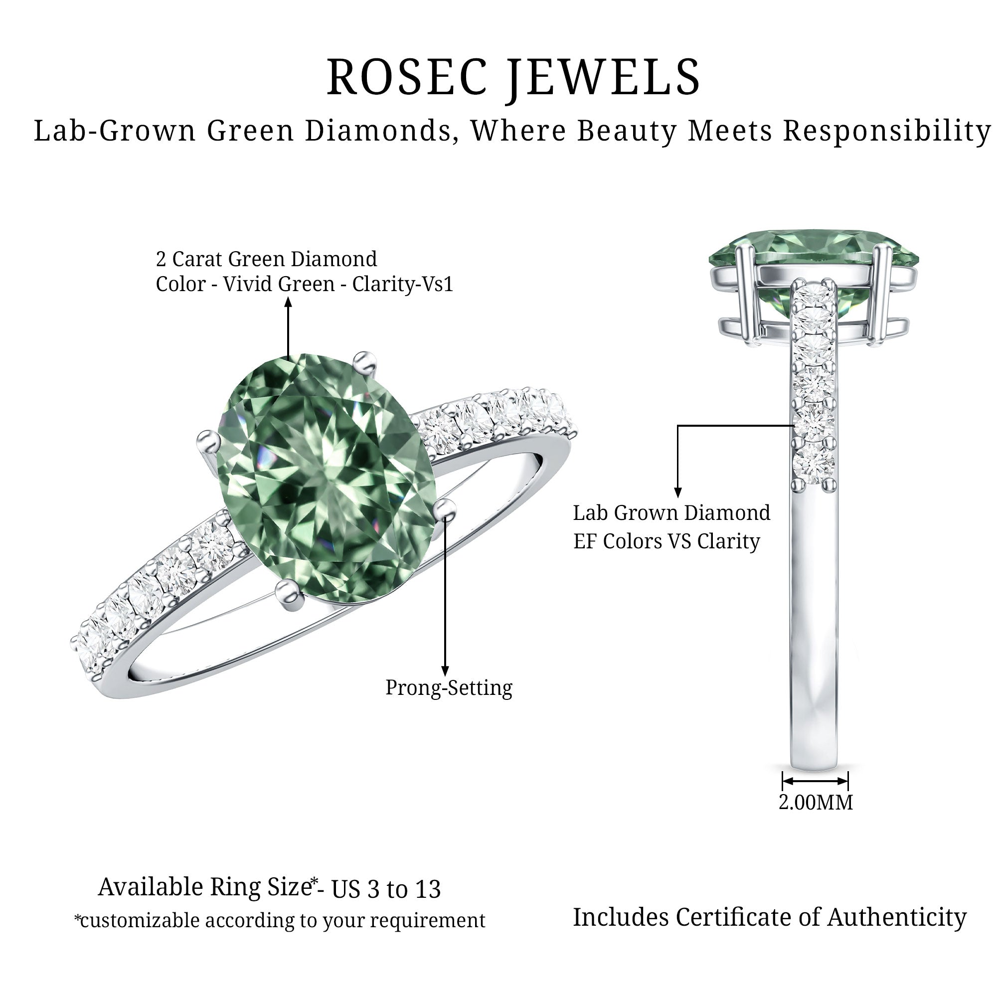 IGI Certified 2 Carat Lab Grown Green Diamond Oblong Engagement Ring Vivid Green - VS1 - Rosec Jewels