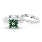 4 Carat Lab Grown Green Diamond Princess Cut Bridal Ring Set with IGI Certificate Vivid Green - VS1 - Rosec Jewels