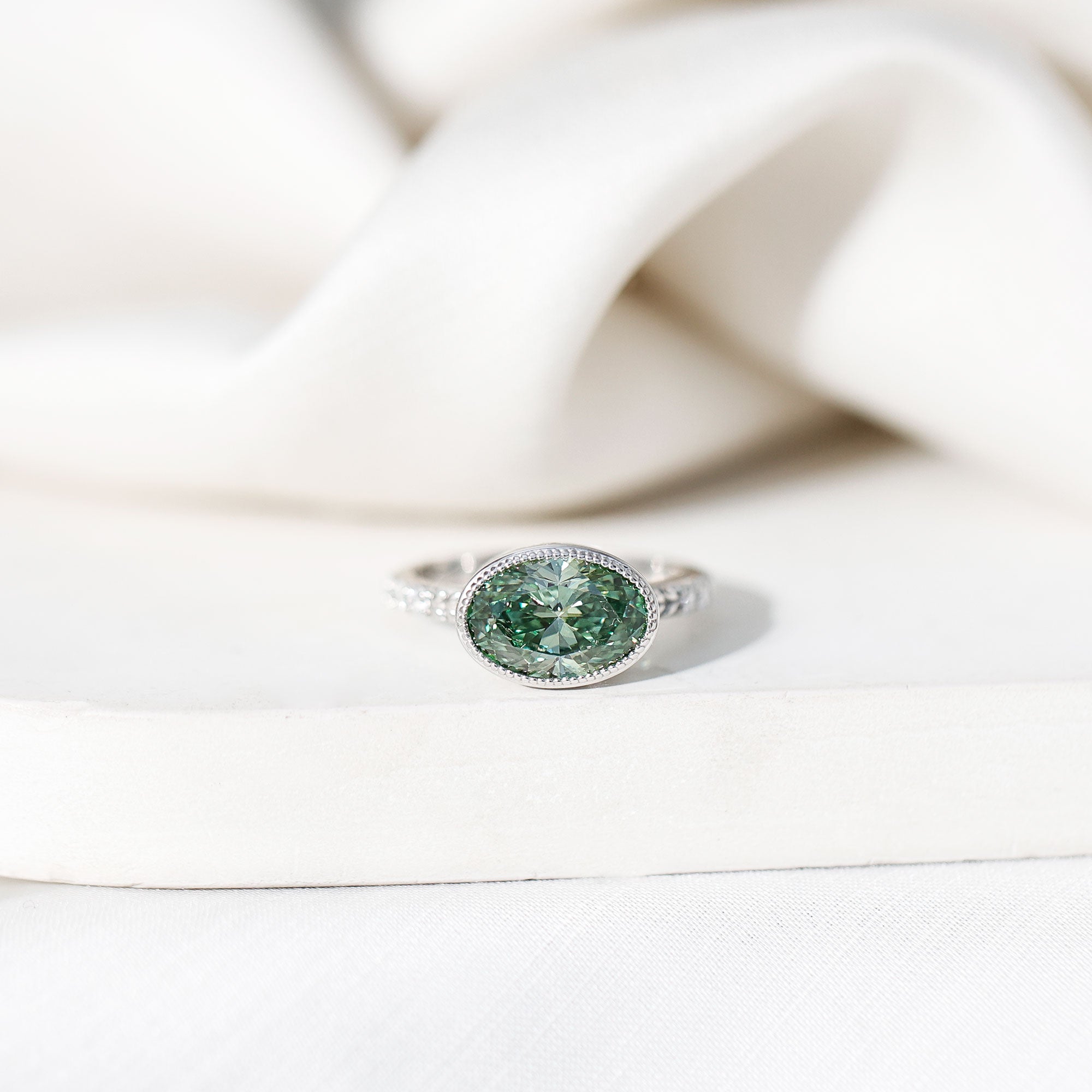 3 Carat East West Set Lab Grown Green Diamond Oval Engagement Ring IGI Certified Vivid Green - VS1 - Rosec Jewels
