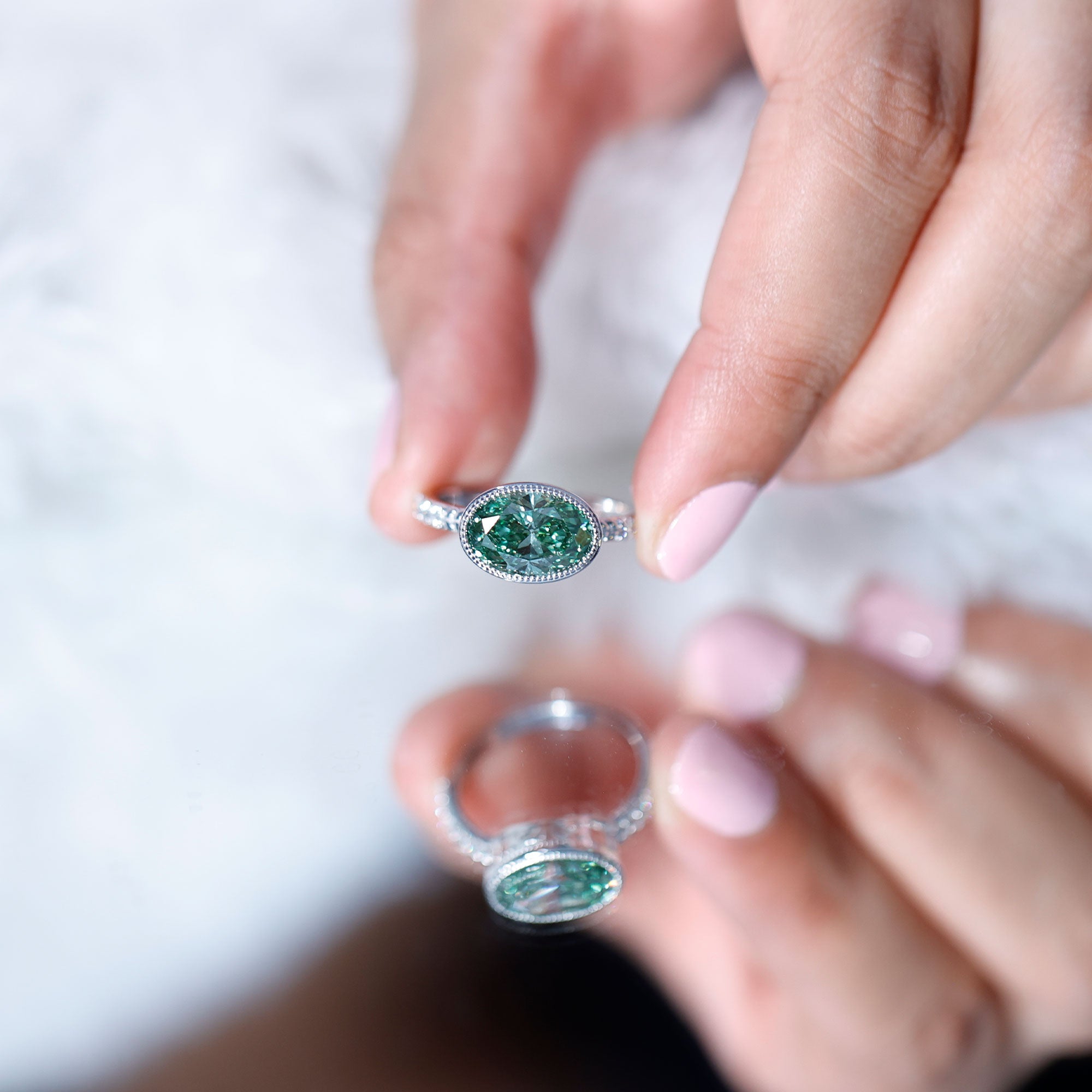 3 Carat East West Set Lab Grown Green Diamond Oval Engagement Ring IGI Certified Vivid Green - VS1 - Rosec Jewels