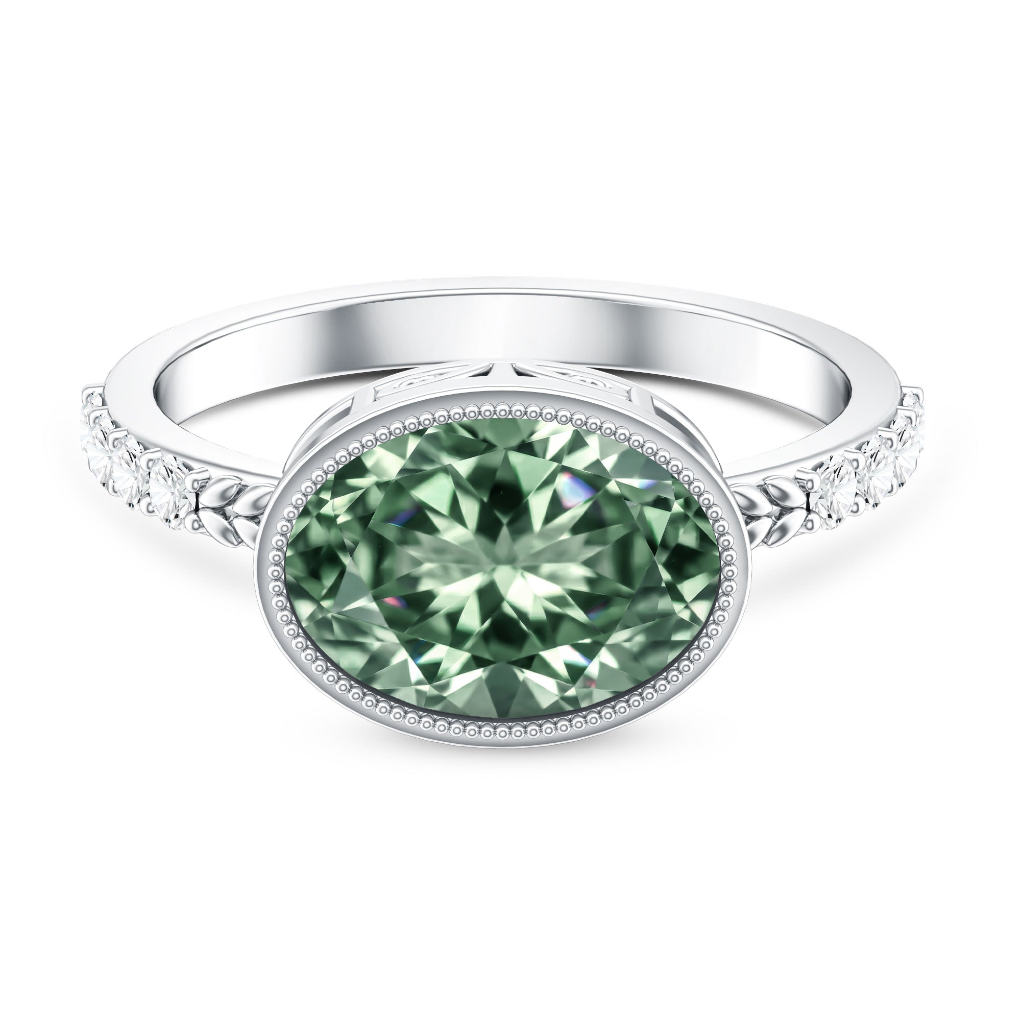 3 Carat East West Set Lab Grown Green Diamond Oval Engagement Ring IGI Certified Vivid Green - VS1 - Rosec Jewels