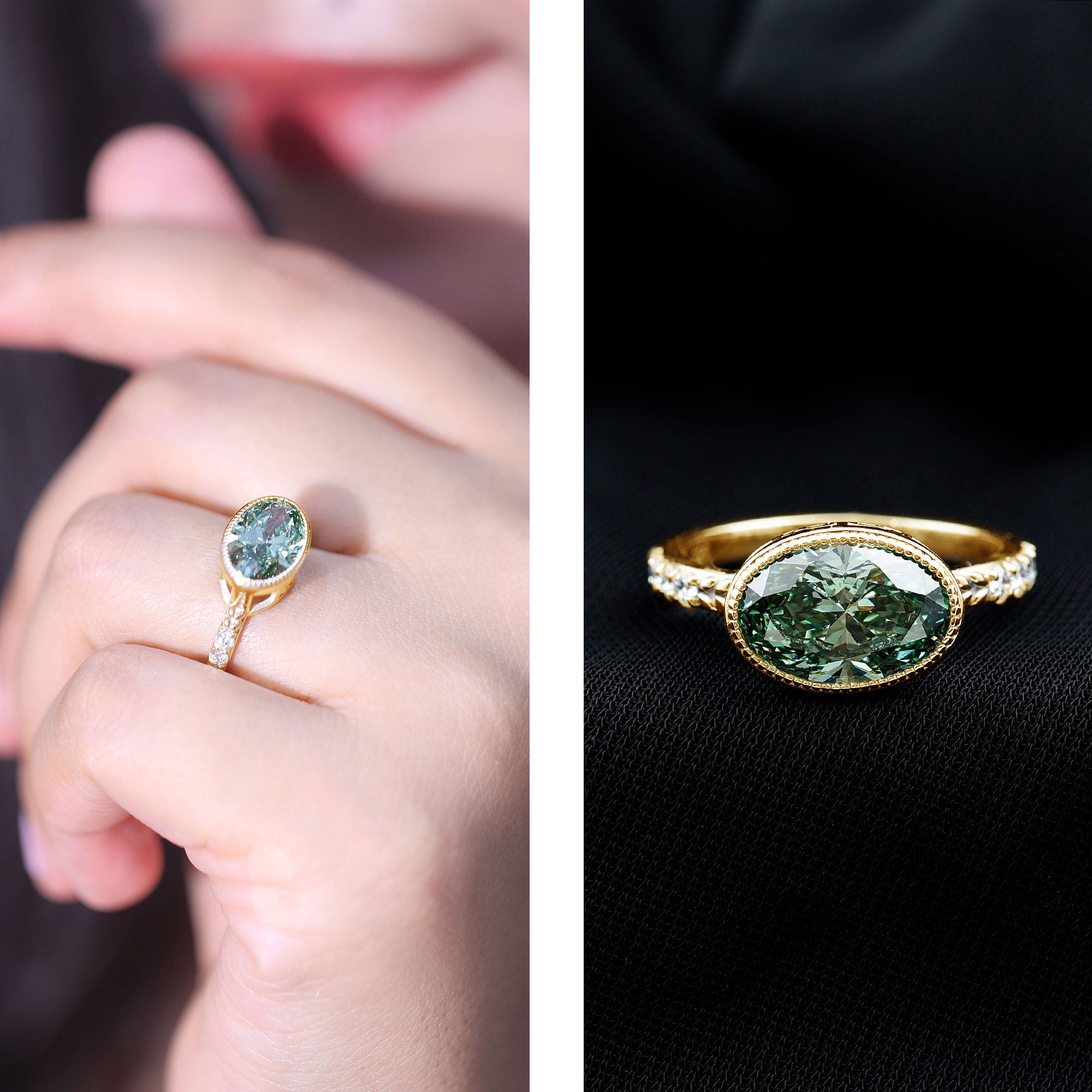 3 Carat East West Set Lab Grown Green Diamond Oval Engagement Ring IGI Certified Vivid Green - VS1 - Rosec Jewels
