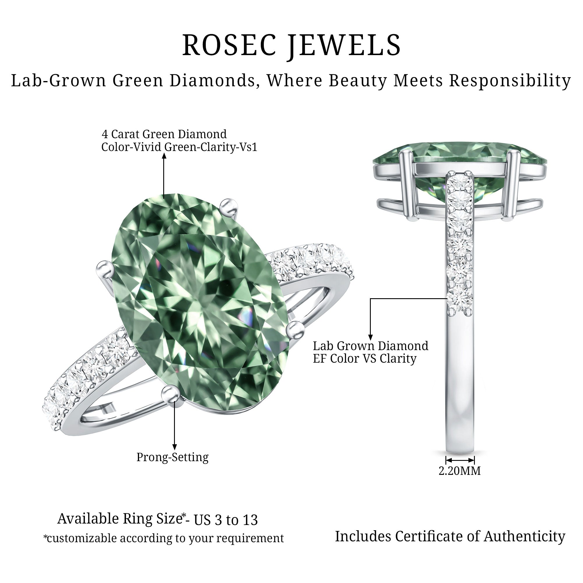 Rosec Jewels-Elongated 4 Carat Oval Lab Grown Green Diamond Engagement Ring IGI Certified