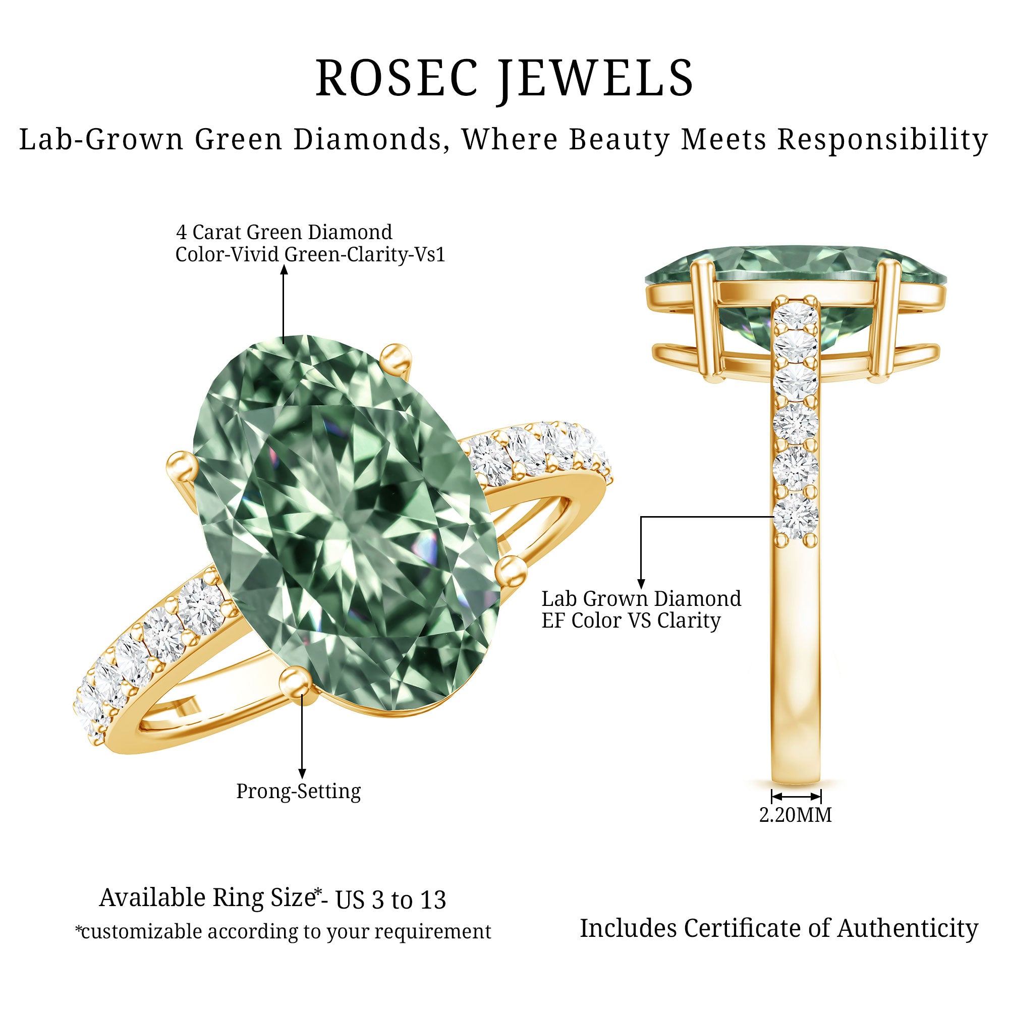 Rosec Jewels-Elongated 4 Carat Oval Lab Grown Green Diamond Engagement Ring IGI Certified