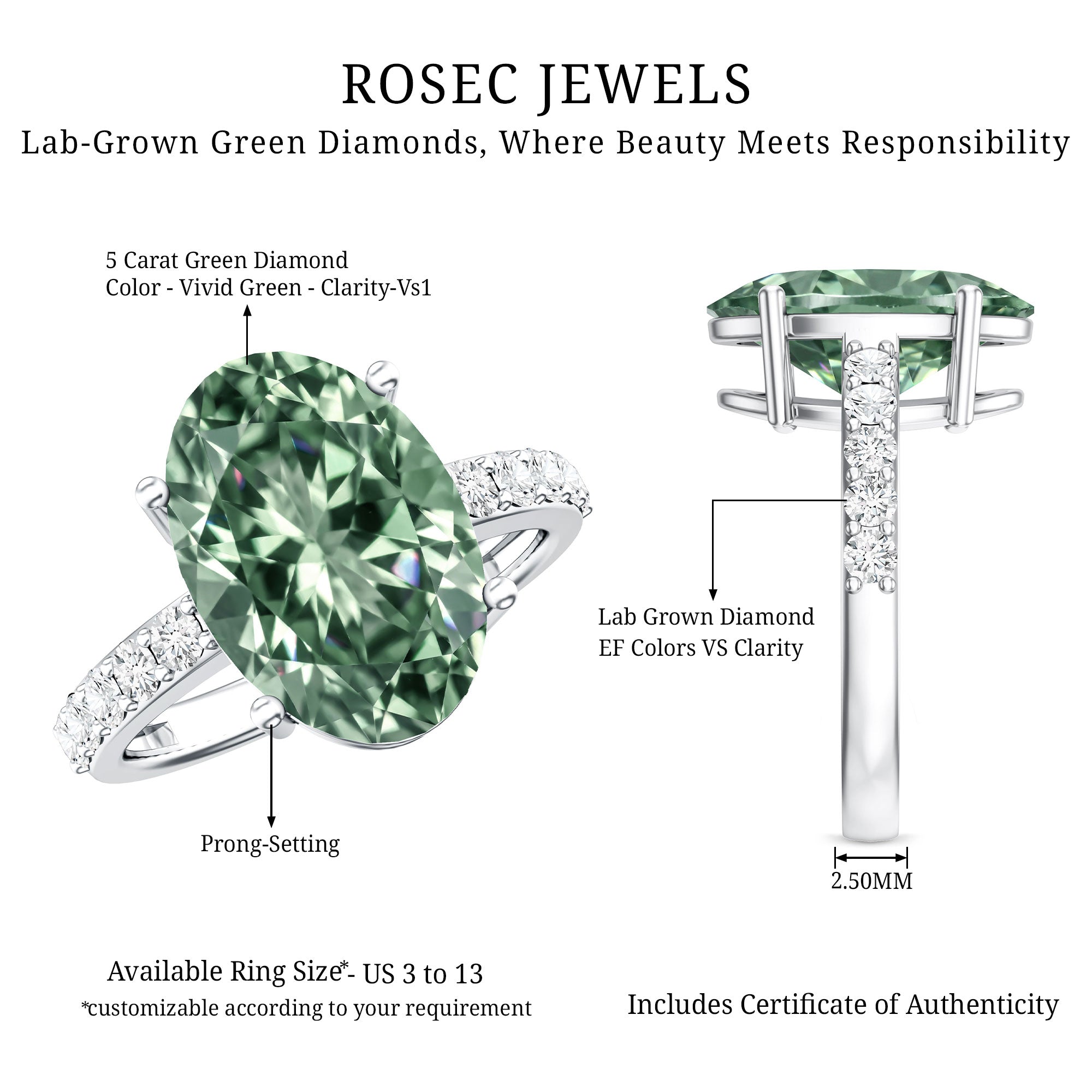 Rosec Jewels-IGI Certified Lab Grown Green Diamond Oval Solitaire Engagement Ring 5 Carat
