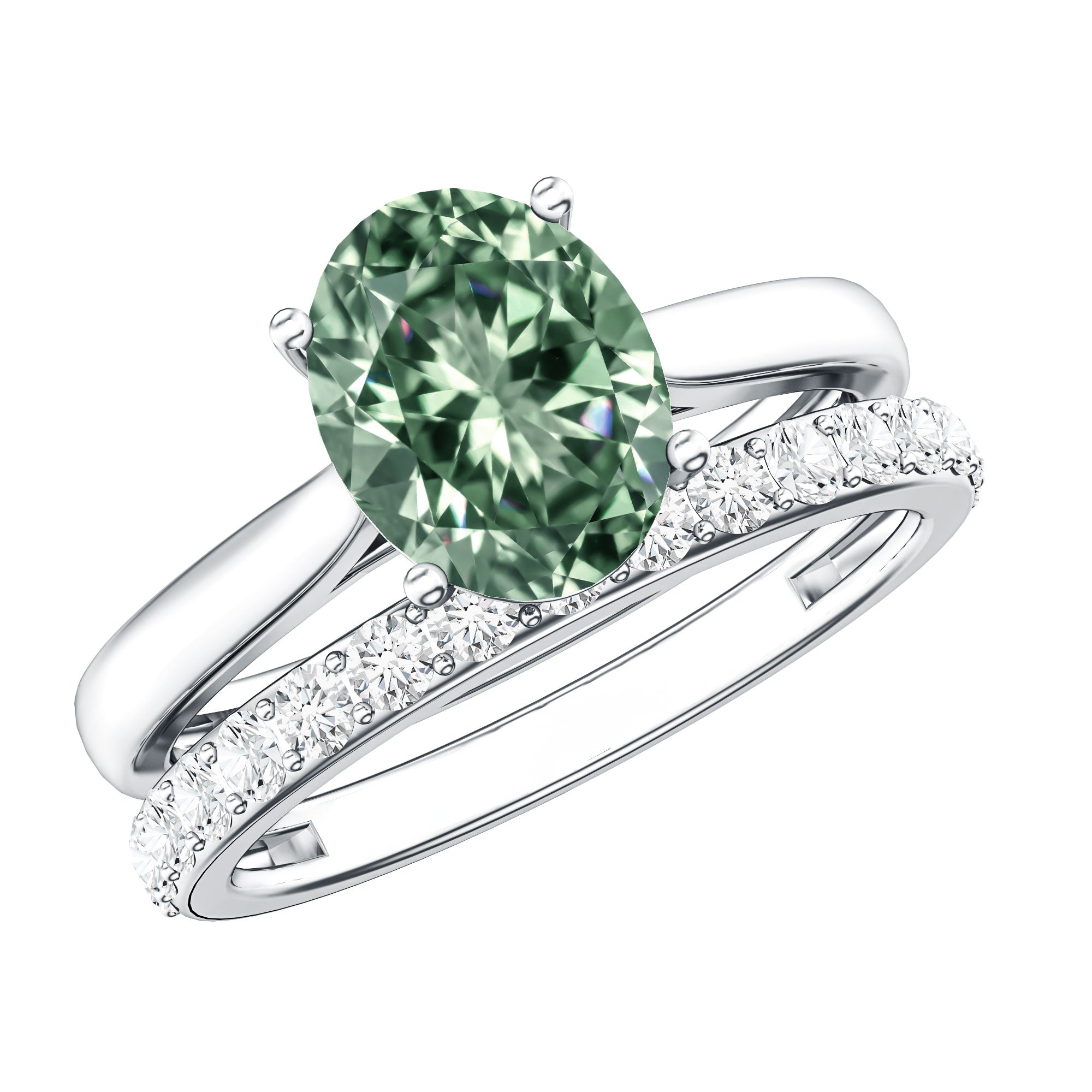 Rosec Jewels-Solitaire 2 Carat Lab Green Diamond Oval Wedding Ring Set with IGI Certificate