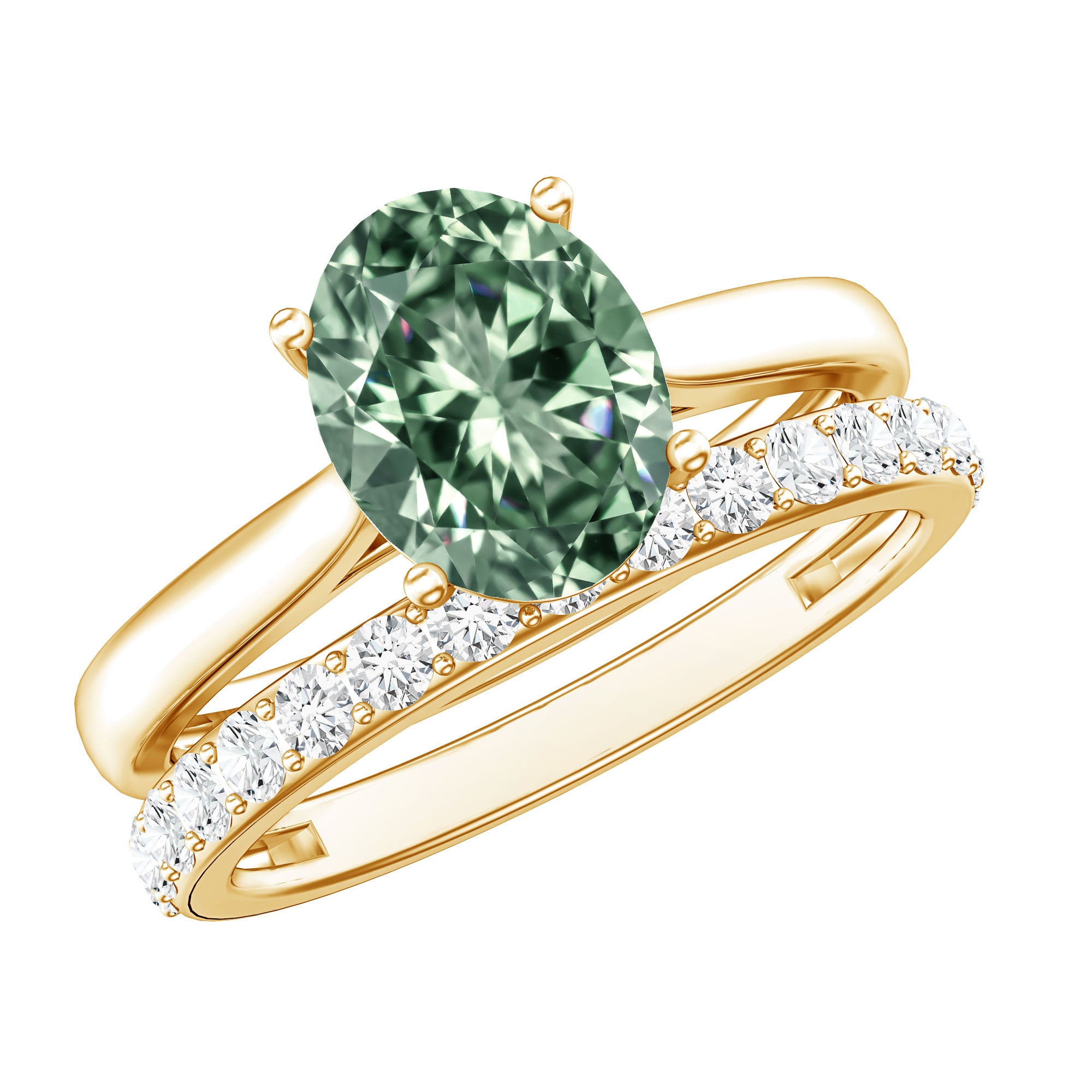 Rosec Jewels-Solitaire 2 Carat Lab Green Diamond Oval Wedding Ring Set with IGI Certificate