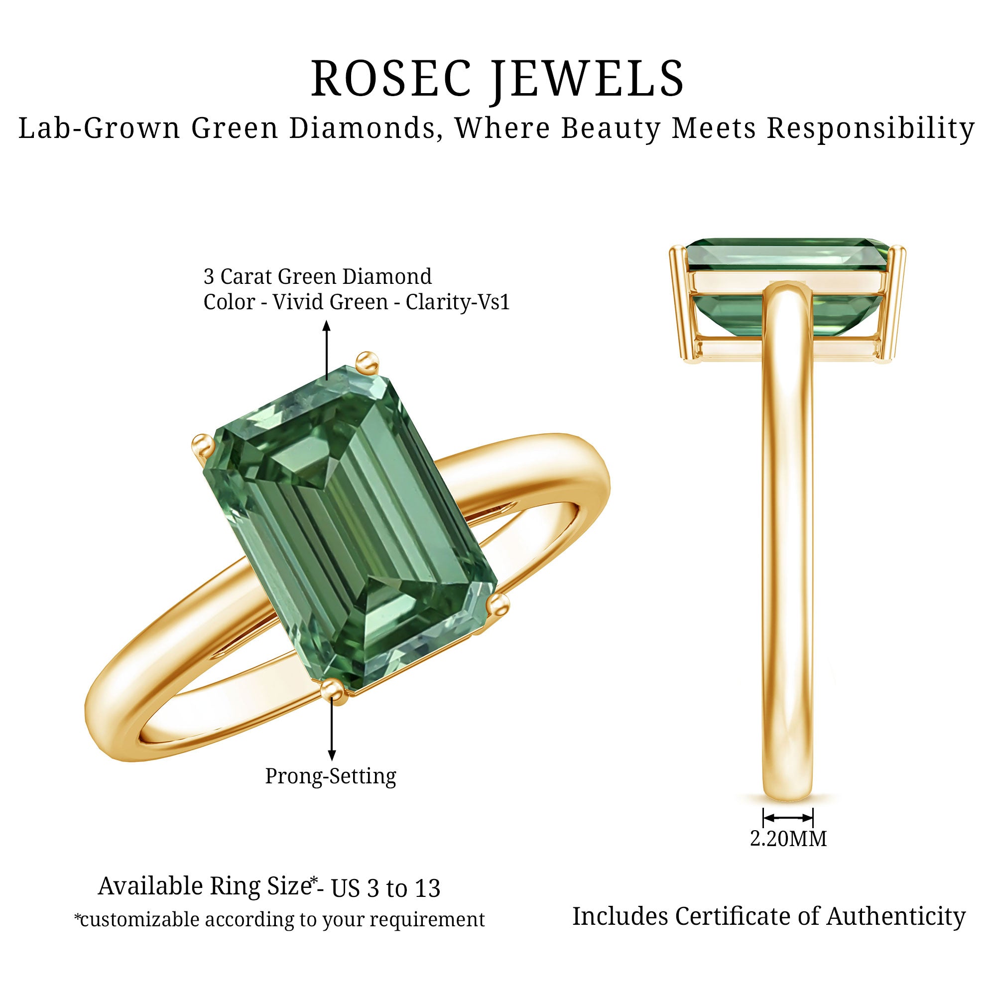 Solitaire Lab Grown Green Diamond 3 Carat Emerald Cut Engagement Ring IGI Certified Vivid Green - VS1 - Rosec Jewels