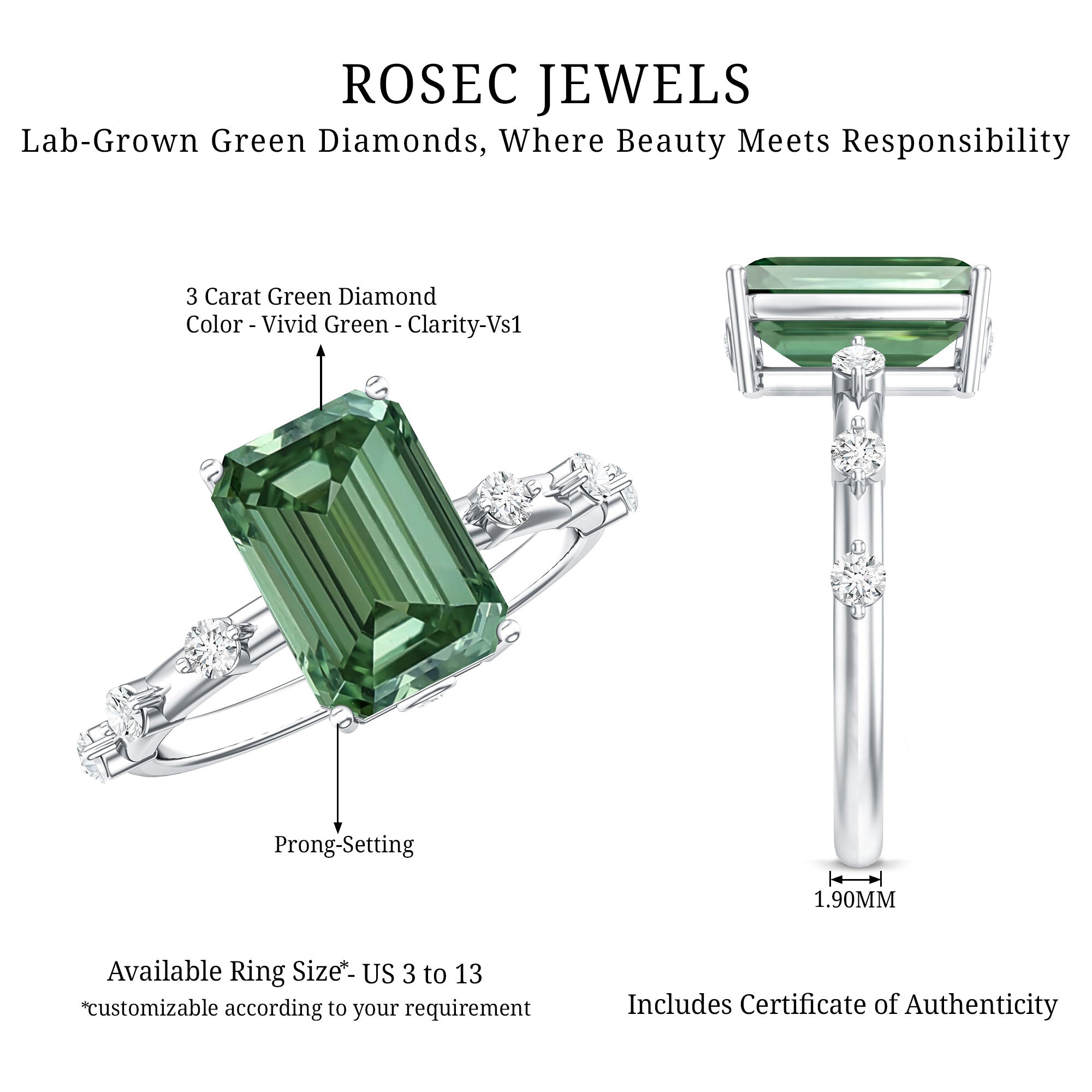 Rosec Jewels-3 Carat Emerald Cut Lab Grown Green Diamond Engagement Ring IGI Certified