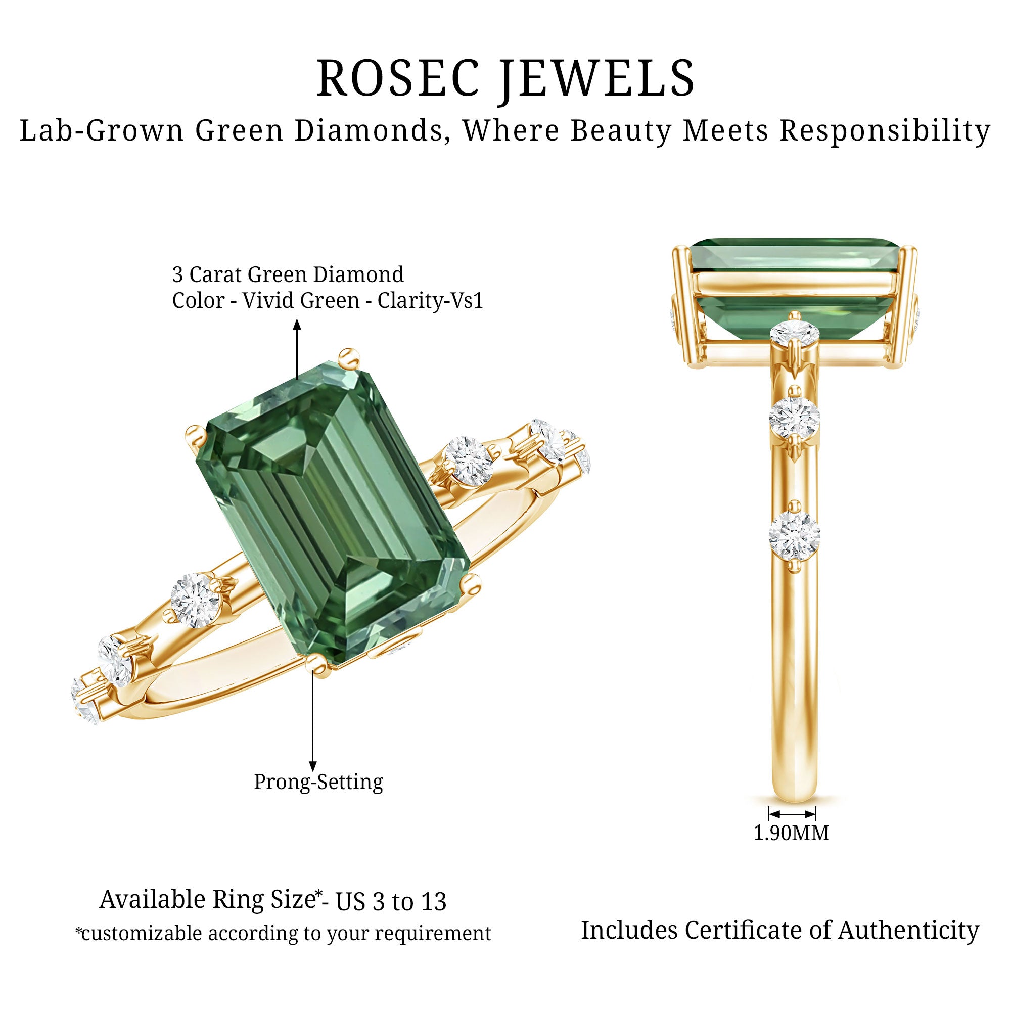 Rosec Jewels-3 Carat Emerald Cut Lab Grown Green Diamond Engagement Ring IGI Certified