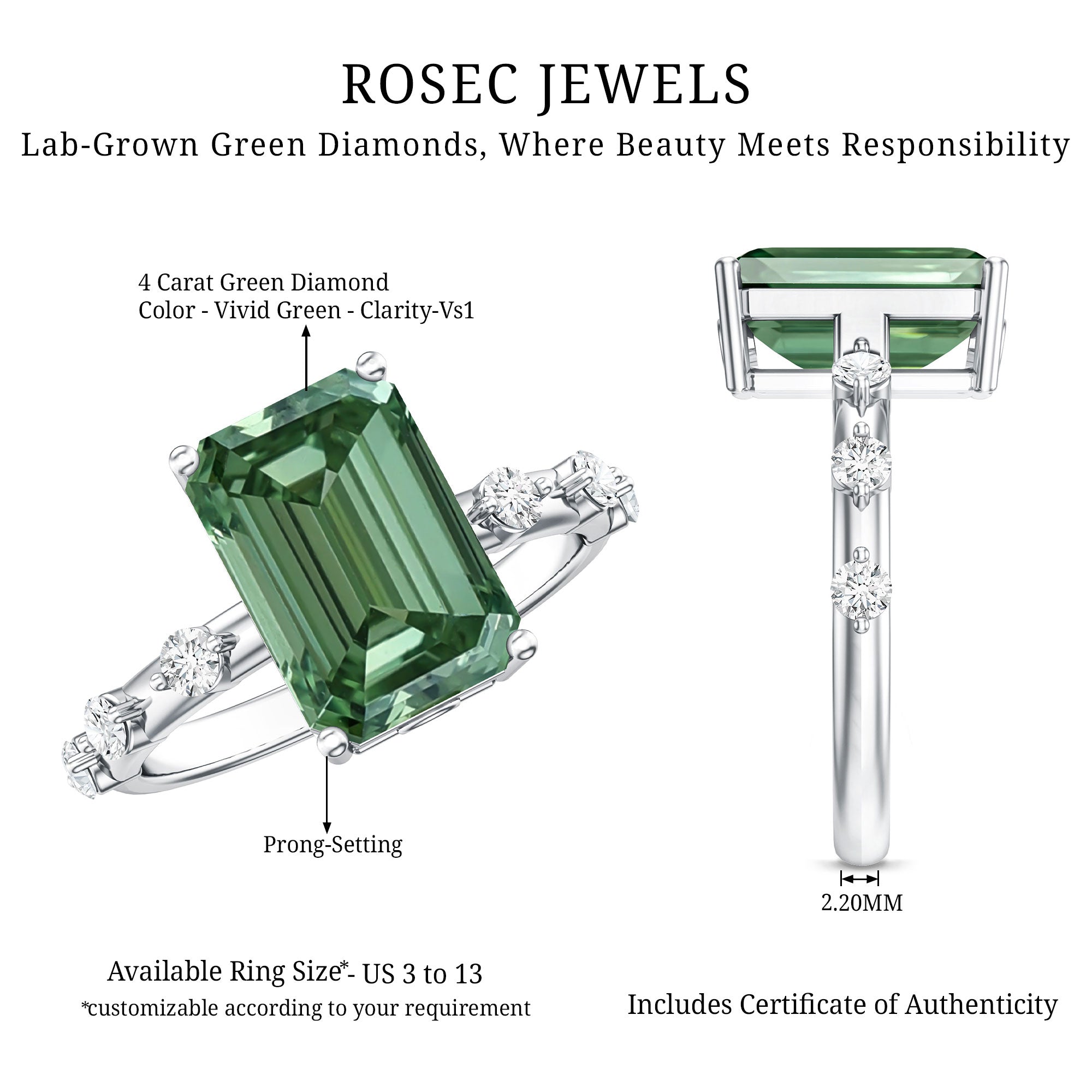 Rosec Jewels-4 Carat Emerald Cut Green Lab Grown Diamond Solitaire Engagement Ring with IGI Certificate
