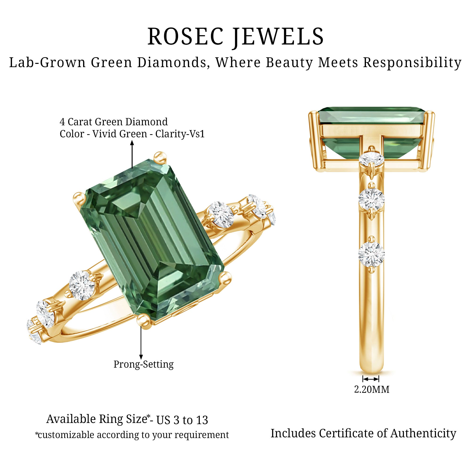 Rosec Jewels-4 Carat Emerald Cut Green Lab Grown Diamond Solitaire Engagement Ring with IGI Certificate