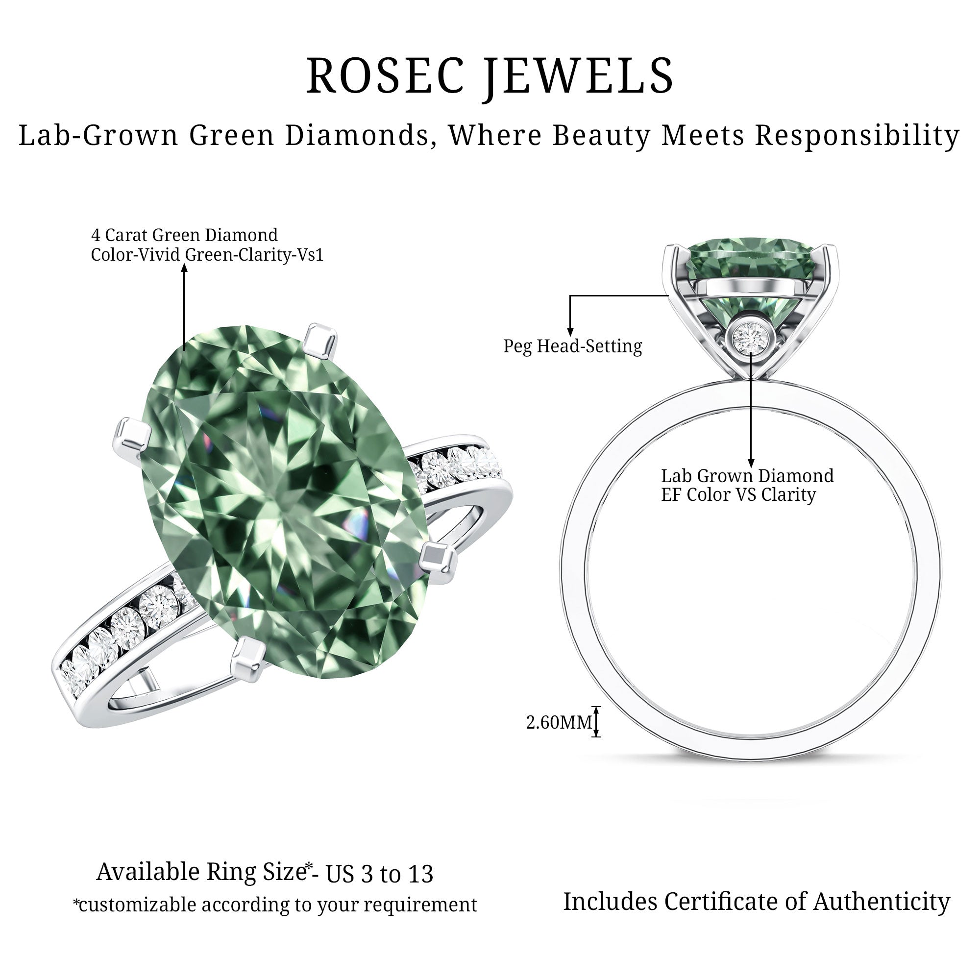 Elongated Oval Lab Grown Green Diamond 4 Carat Engagement Ring IGI Certified Vivid Green - VS1 - Rosec Jewels