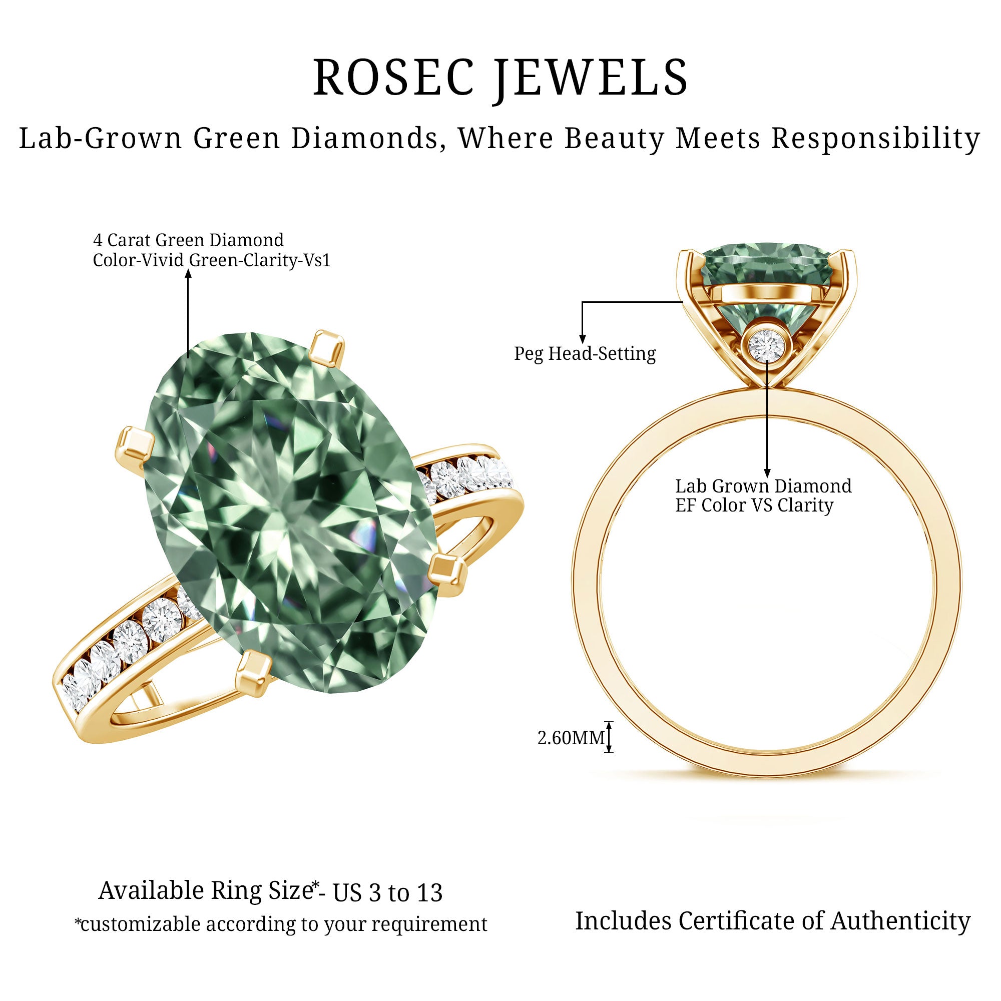 Elongated Oval Lab Grown Green Diamond 4 Carat Engagement Ring IGI Certified Vivid Green - VS1 - Rosec Jewels