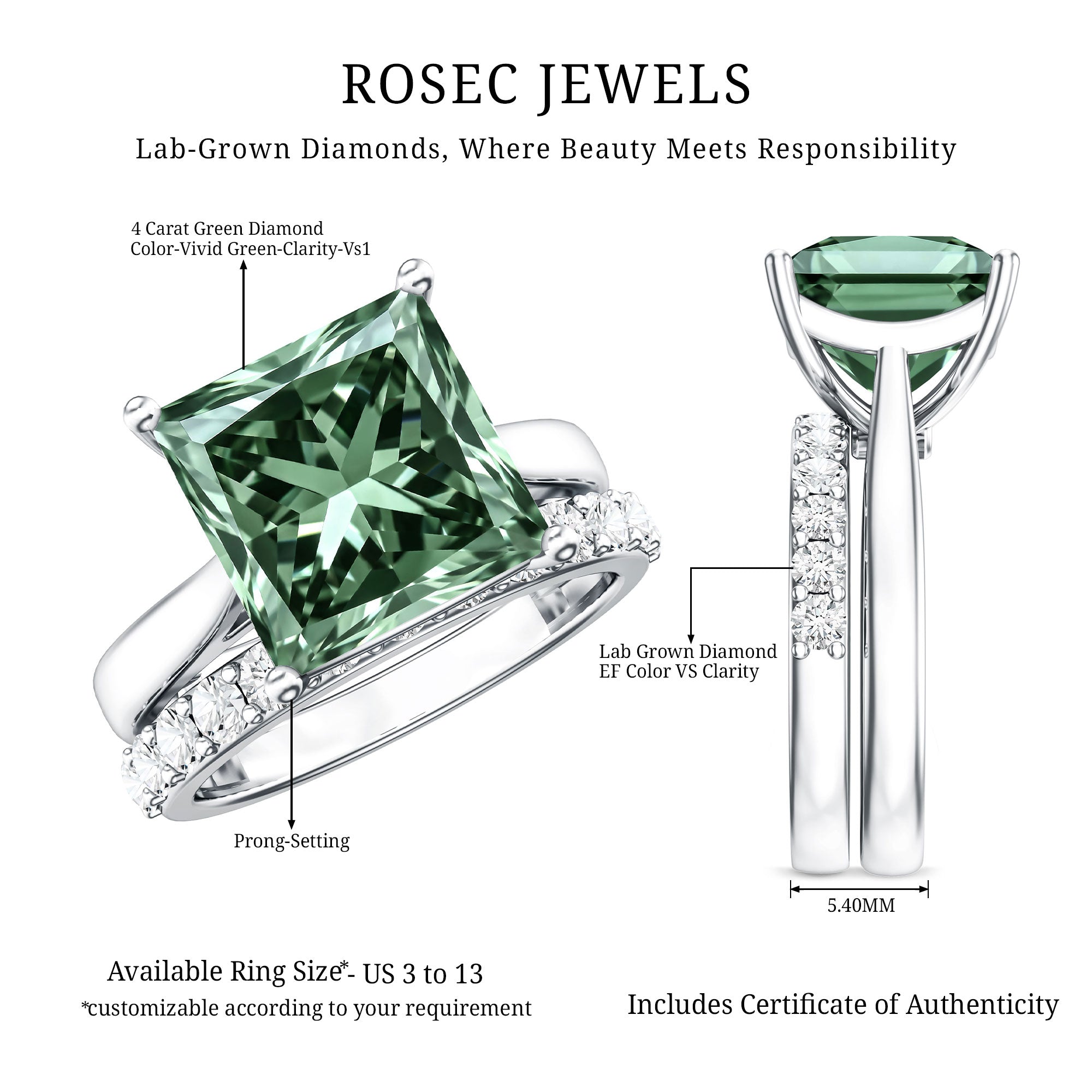 Rosec Jewels-IGI Certified 4 Carat Lab Grown Green Diamond Princess Cut Wedding Bridal Ring Set of 2