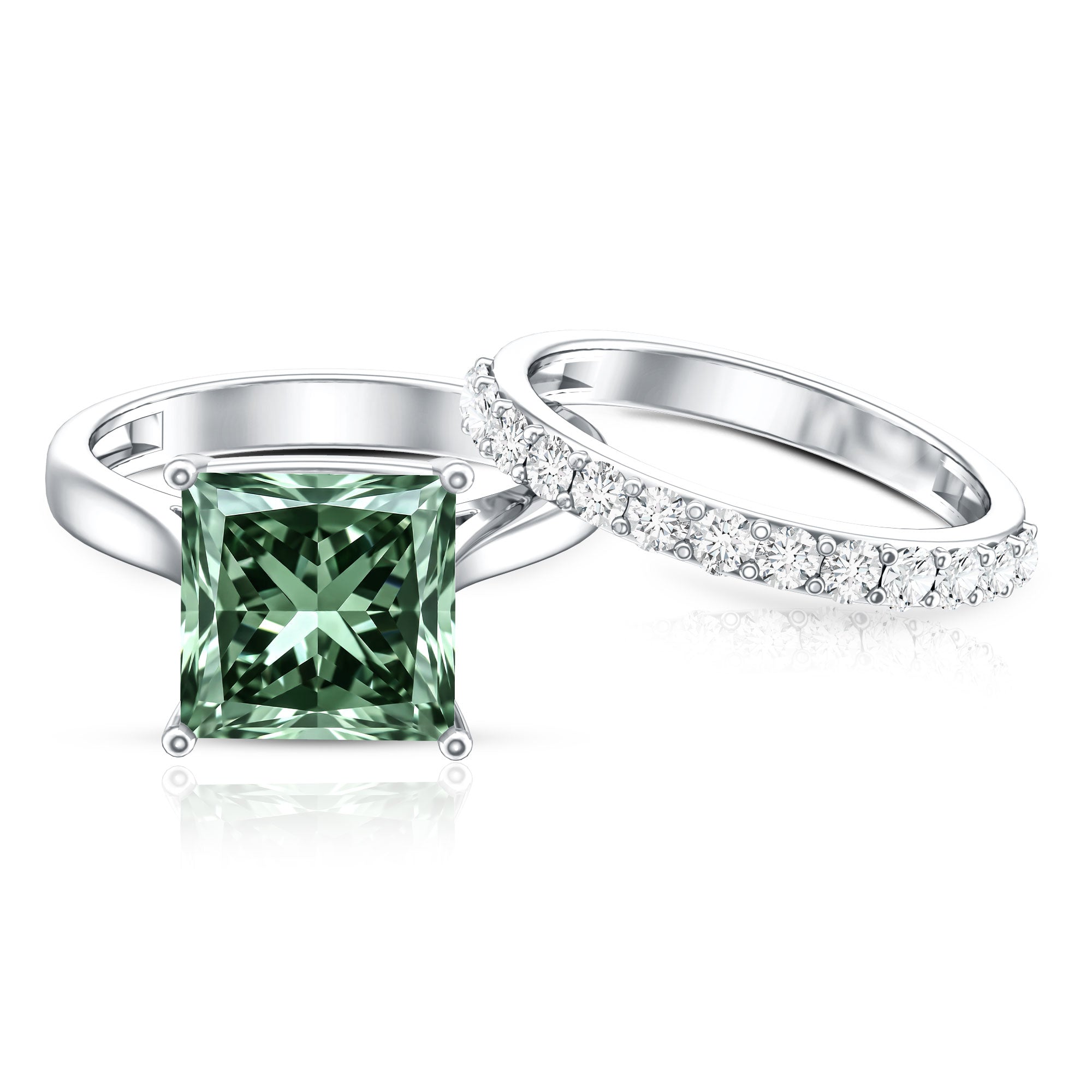 Rosec Jewels-IGI Certified 4 Carat Lab Grown Green Diamond Princess Cut Wedding Bridal Ring Set of 2