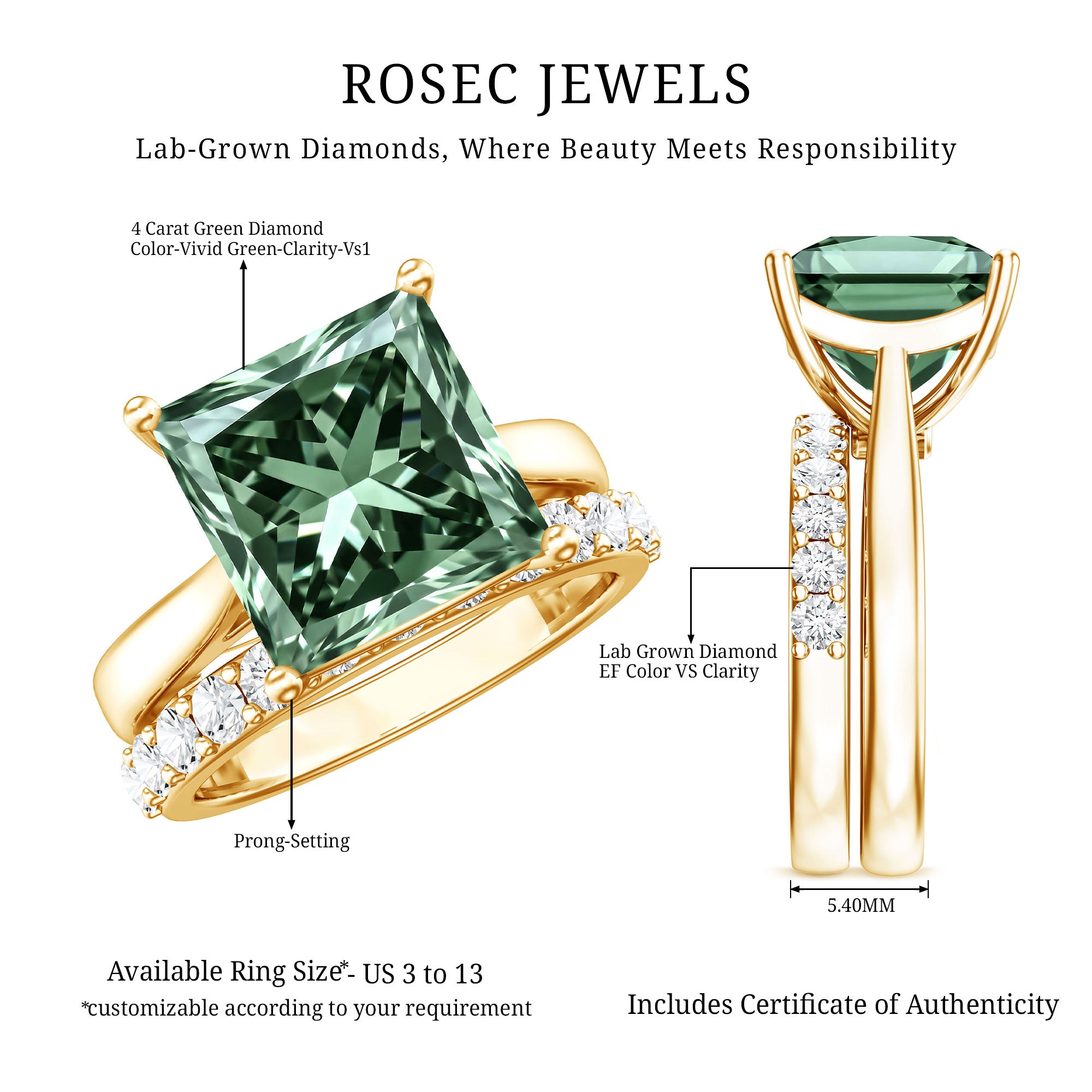 Rosec Jewels-IGI Certified 4 Carat Lab Grown Green Diamond Princess Cut Wedding Bridal Ring Set of 2