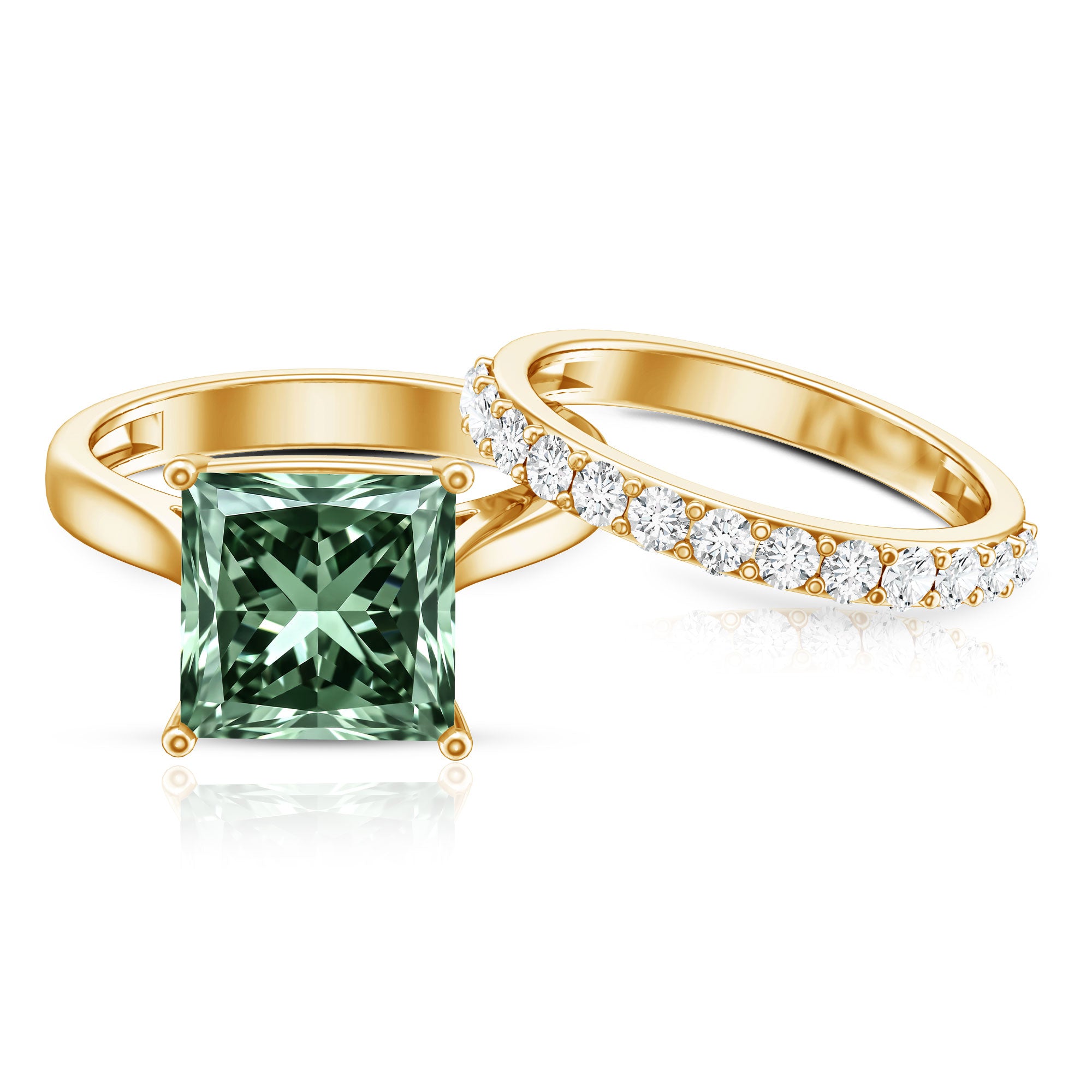 Rosec Jewels-IGI Certified 4 Carat Lab Grown Green Diamond Princess Cut Wedding Bridal Ring Set of 2