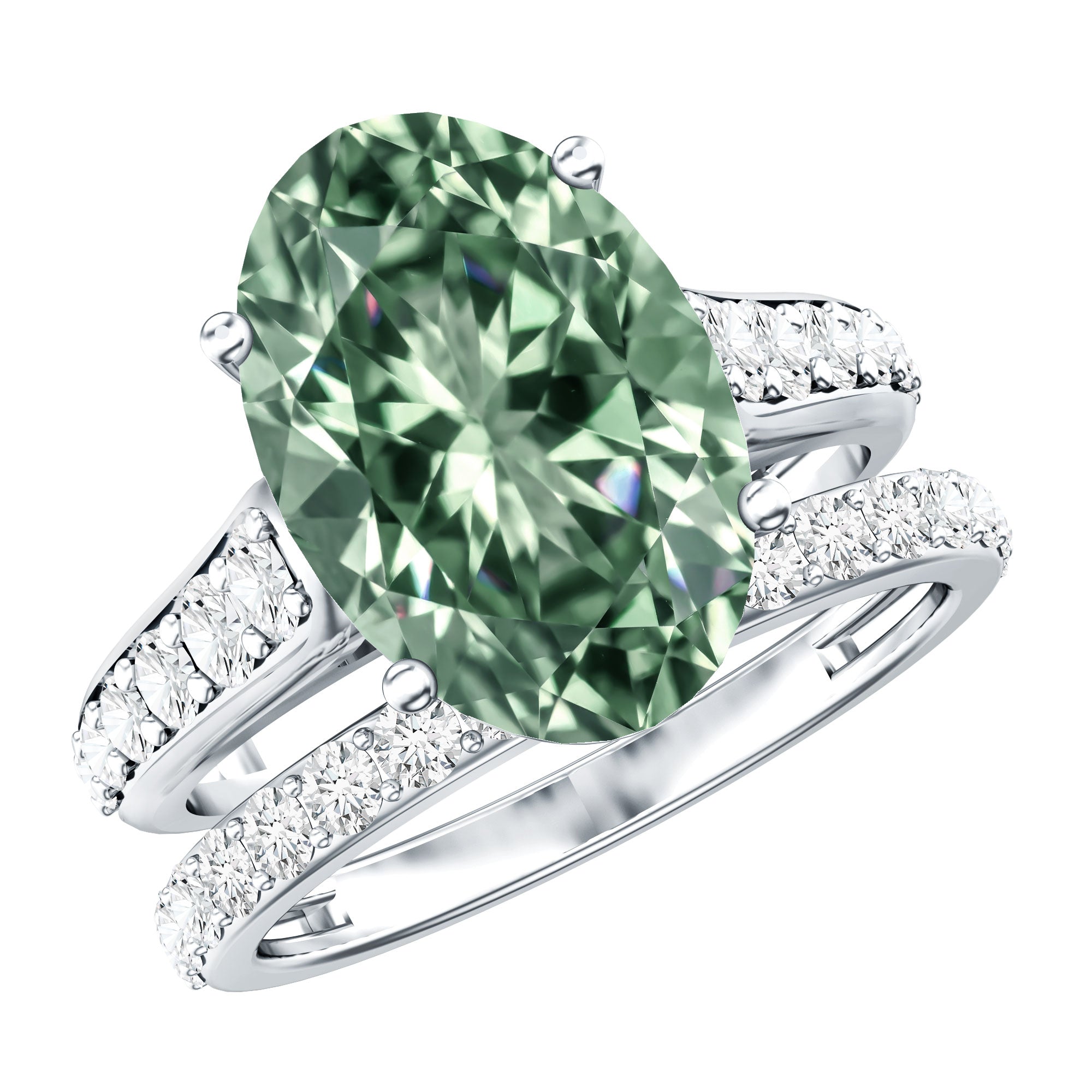IGI Certified 5 Carat Lab Grown Diamond Oval Engagement Ring with Wedding Band Vivid Green - VS1 - Rosec Jewels