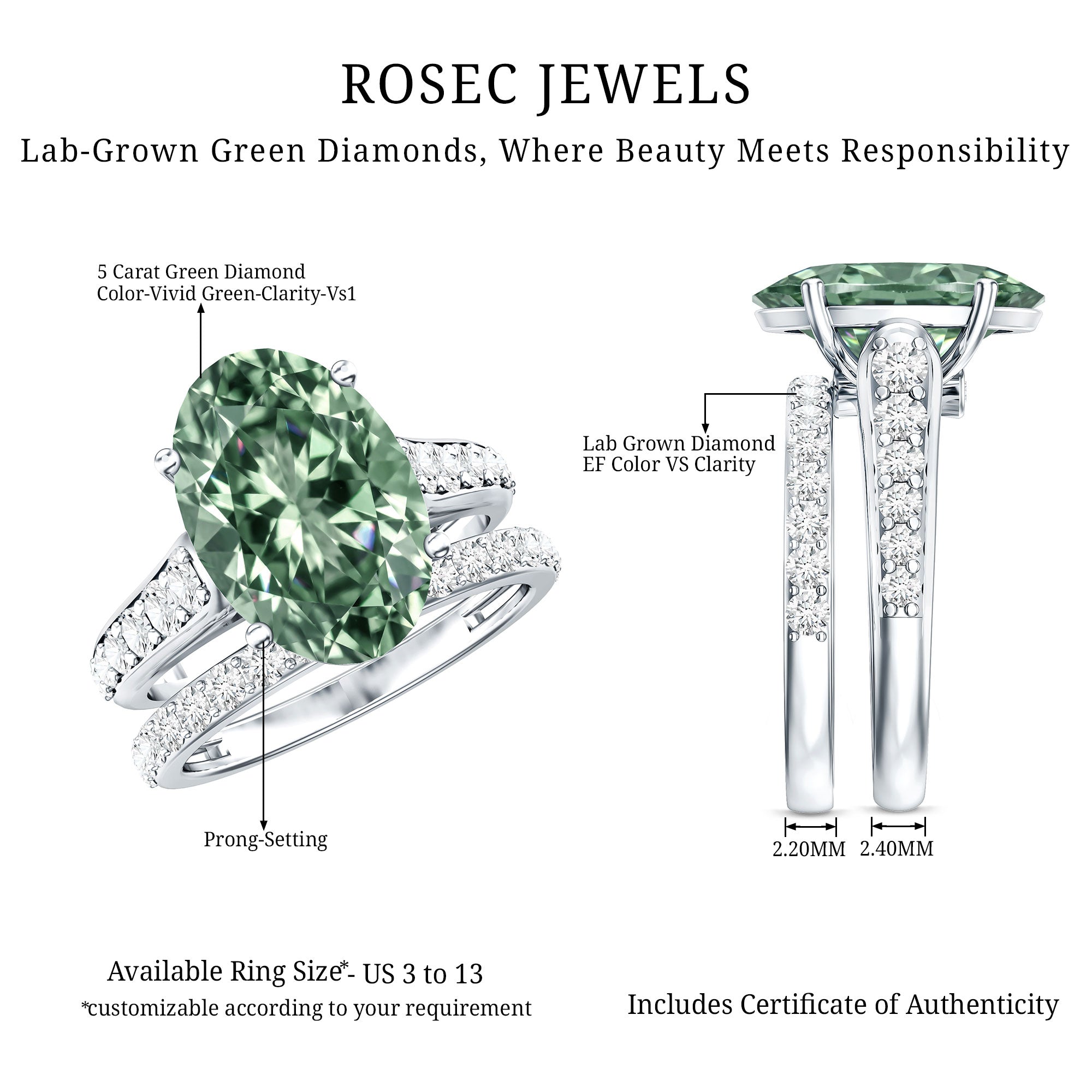 IGI Certified 5 Carat Lab Grown Diamond Oval Engagement Ring with Wedding Band Vivid Green - VS1 - Rosec Jewels
