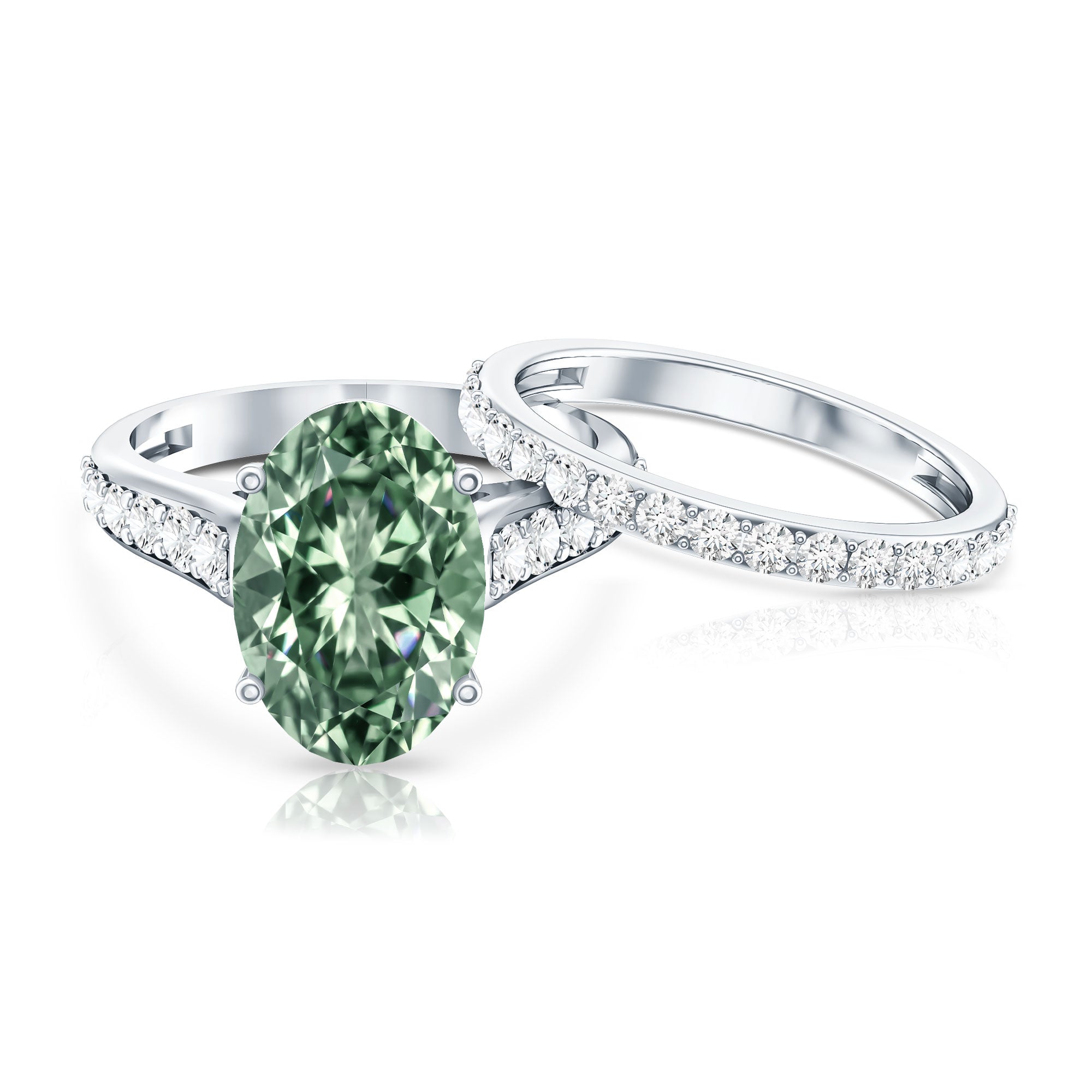 IGI Certified 5 Carat Lab Grown Diamond Oval Engagement Ring with Wedding Band Vivid Green - VS1 - Rosec Jewels