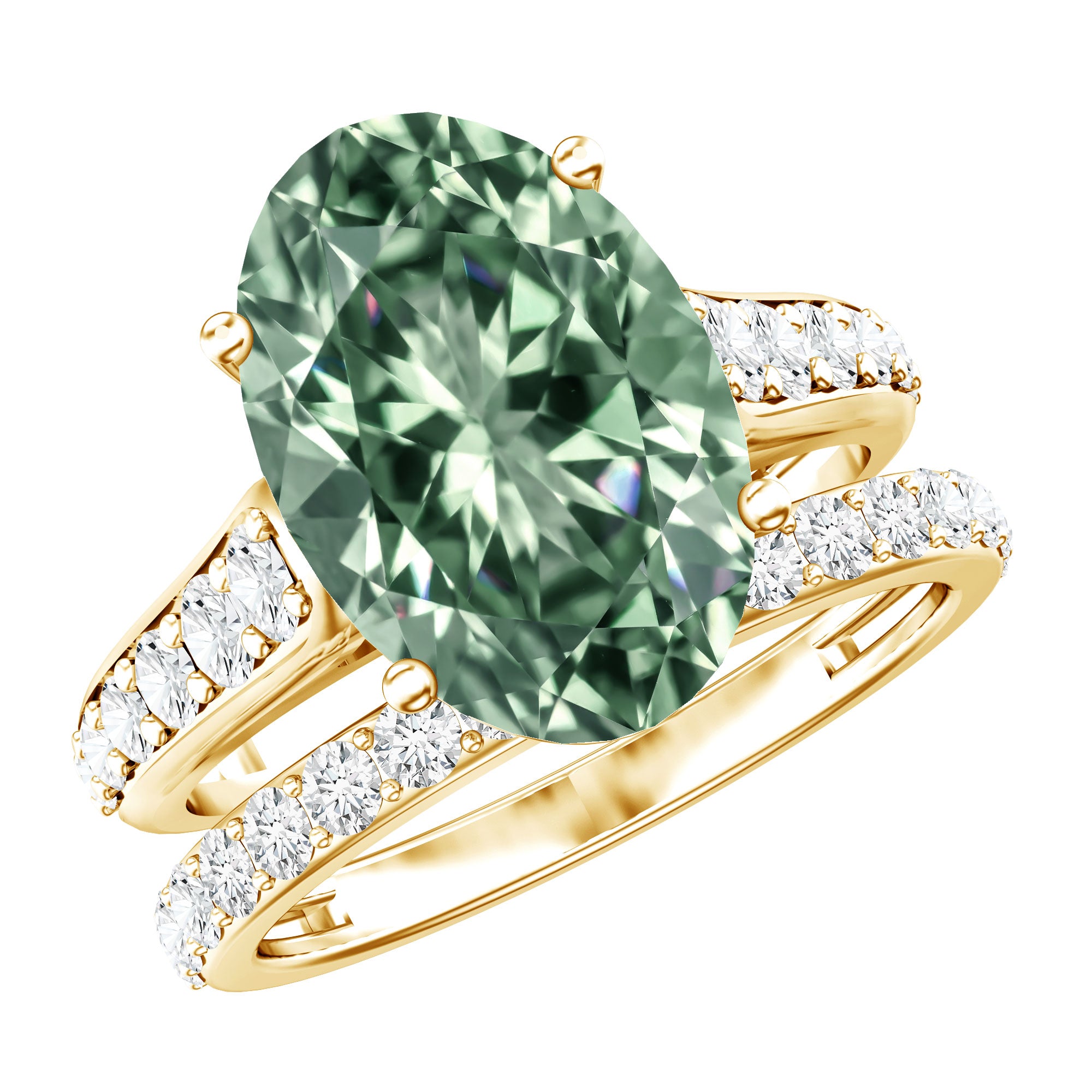 IGI Certified 5 Carat Lab Grown Diamond Oval Engagement Ring with Wedding Band Vivid Green - VS1 - Rosec Jewels