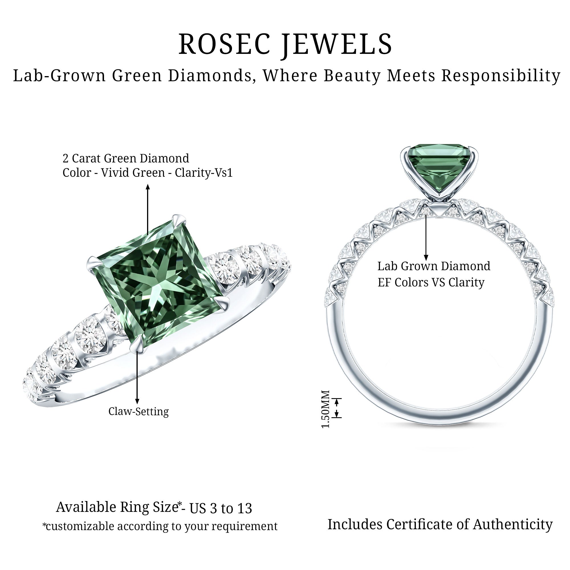 2 Carat Princess Cut Lab Grown Green Diamond Side Stone Engagement Ring with IGI Certificate Vivid Green - VS1 - Rosec Jewels