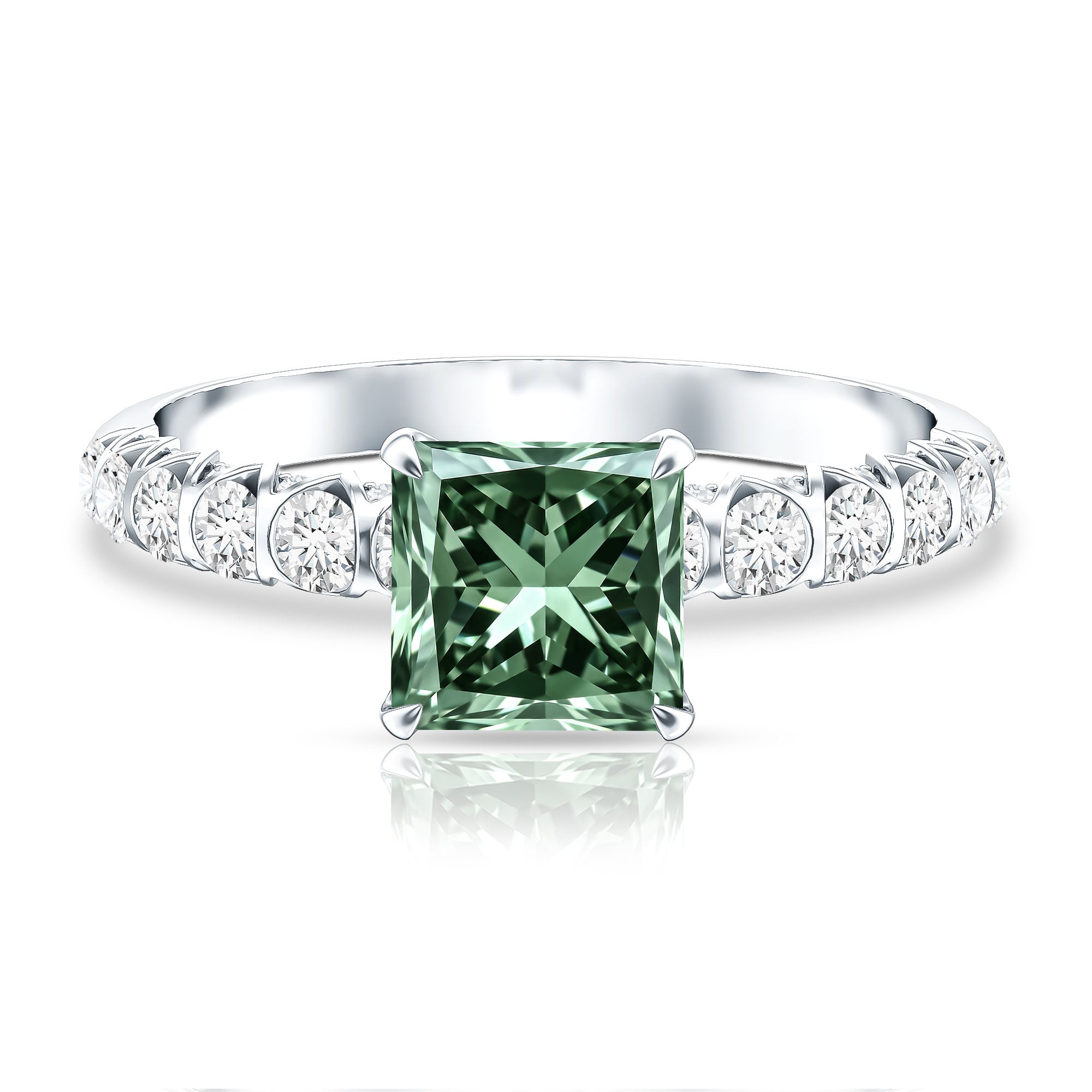 2 Carat Princess Cut Lab Grown Green Diamond Side Stone Engagement Ring with IGI Certificate Vivid Green - VS1 - Rosec Jewels