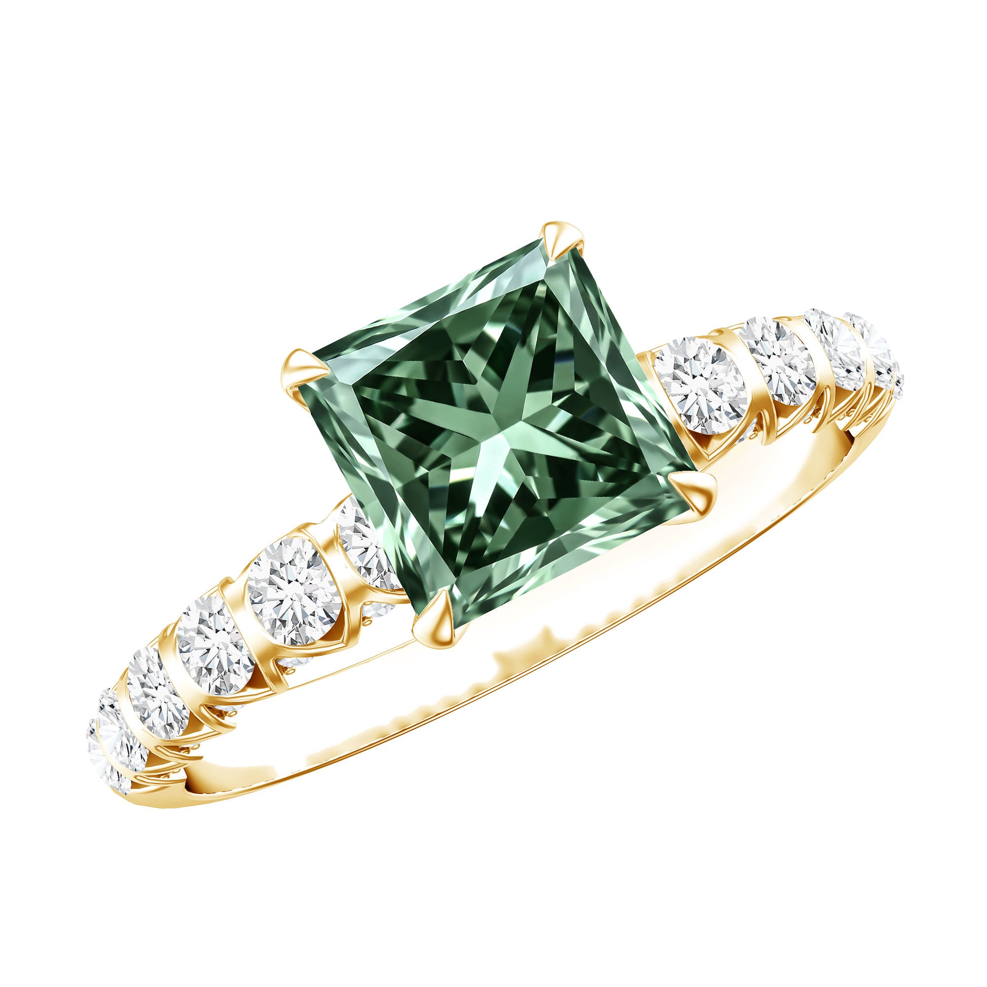 2 Carat Princess Cut Lab Grown Green Diamond Side Stone Engagement Ring with IGI Certificate Vivid Green - VS1 - Rosec Jewels