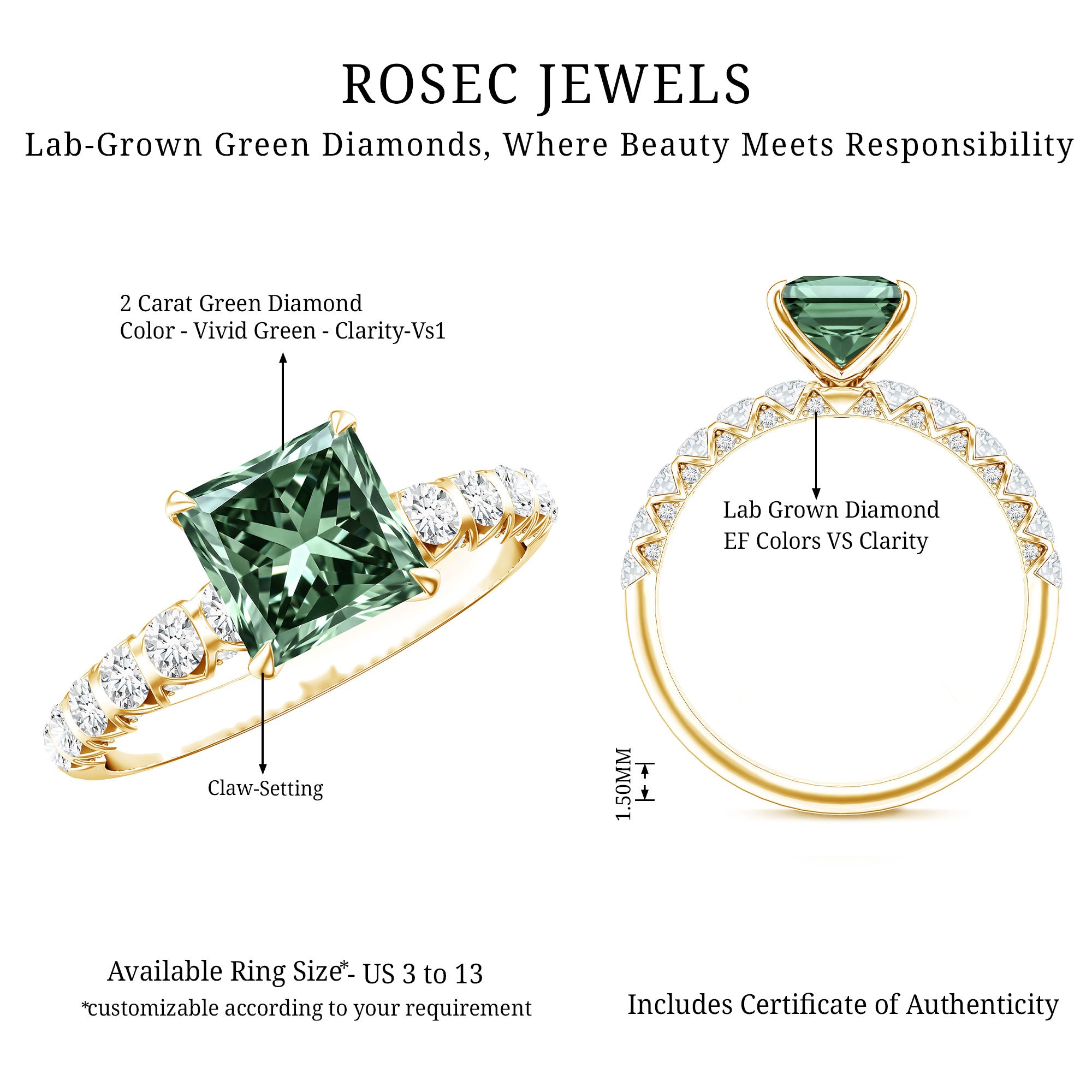 2 Carat Princess Cut Lab Grown Green Diamond Side Stone Engagement Ring with IGI Certificate Vivid Green - VS1 - Rosec Jewels