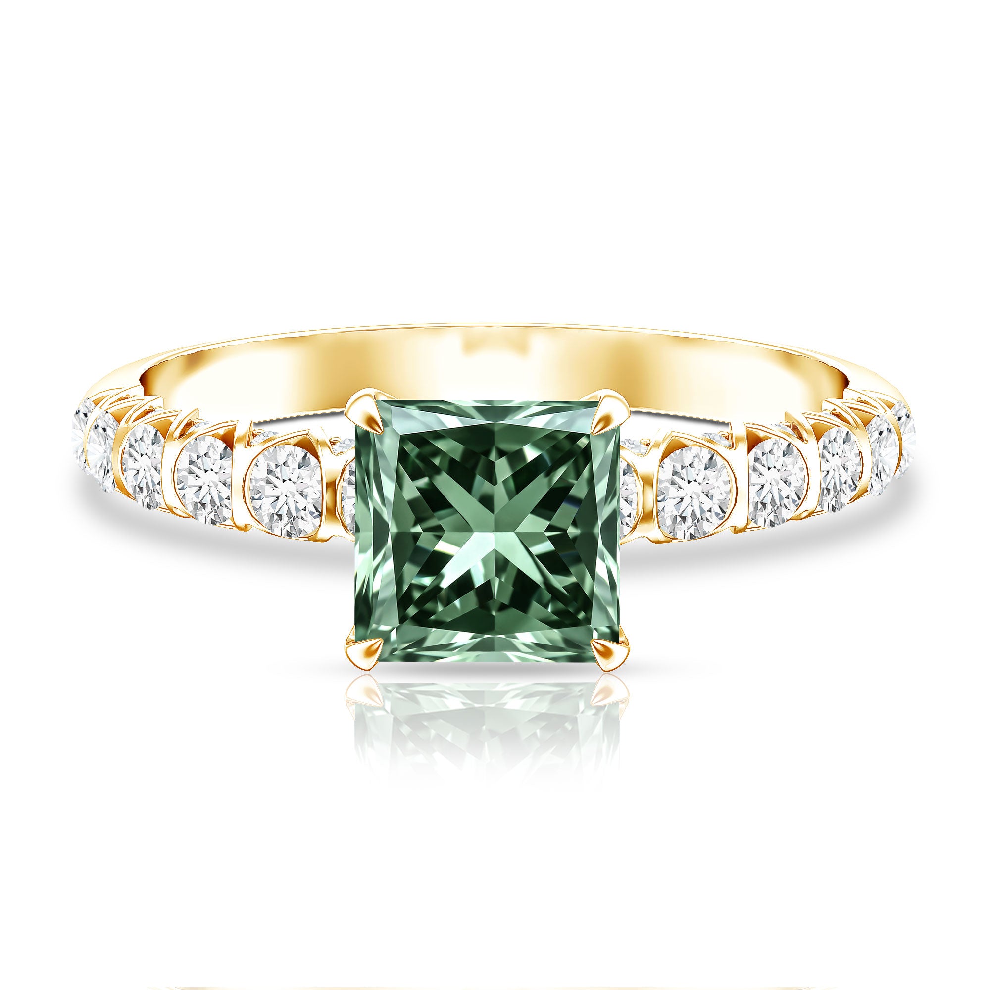 2 Carat Princess Cut Lab Grown Green Diamond Side Stone Engagement Ring with IGI Certificate Vivid Green - VS1 - Rosec Jewels