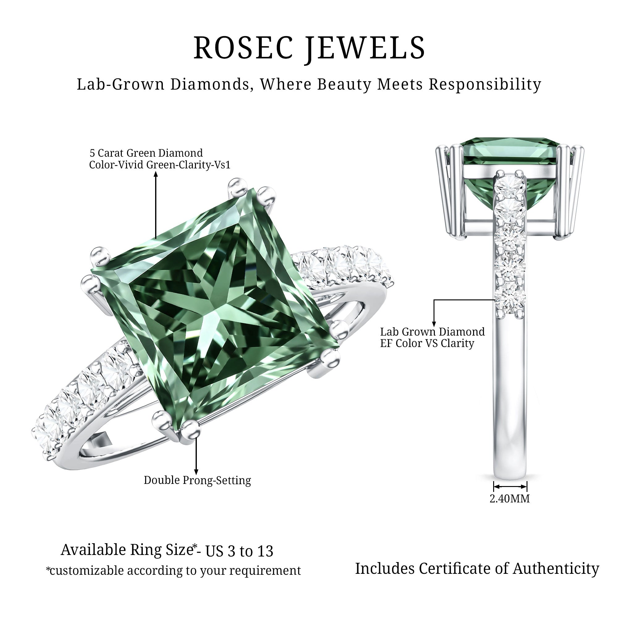 Rosec Jewels-5 Carat Princess Cut Lab Grown Green Diamond Big Engagement Ring with IGI Certificate