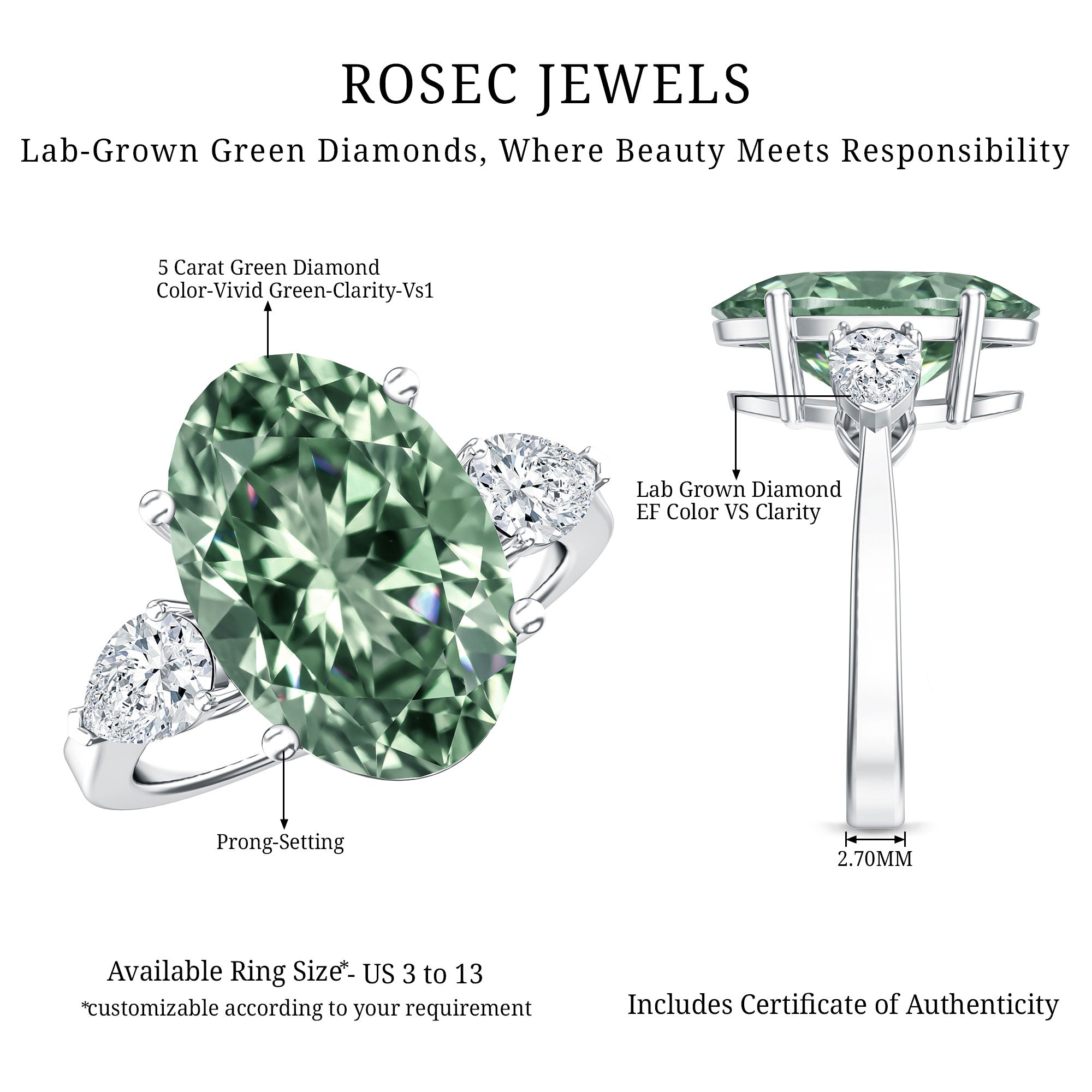 Rosec Jewels-5 Carat IGI Certified Lab Grown Green Diamond Oval Statement Engagement Ring