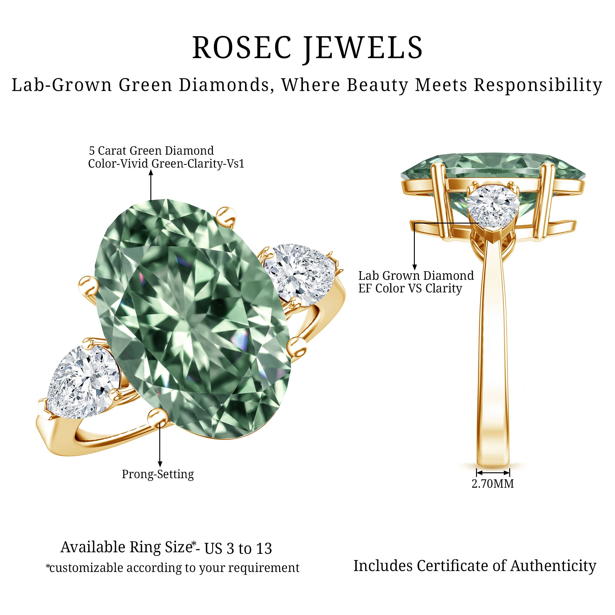 Rosec Jewels-5 Carat IGI Certified Lab Grown Green Diamond Oval Statement Engagement Ring