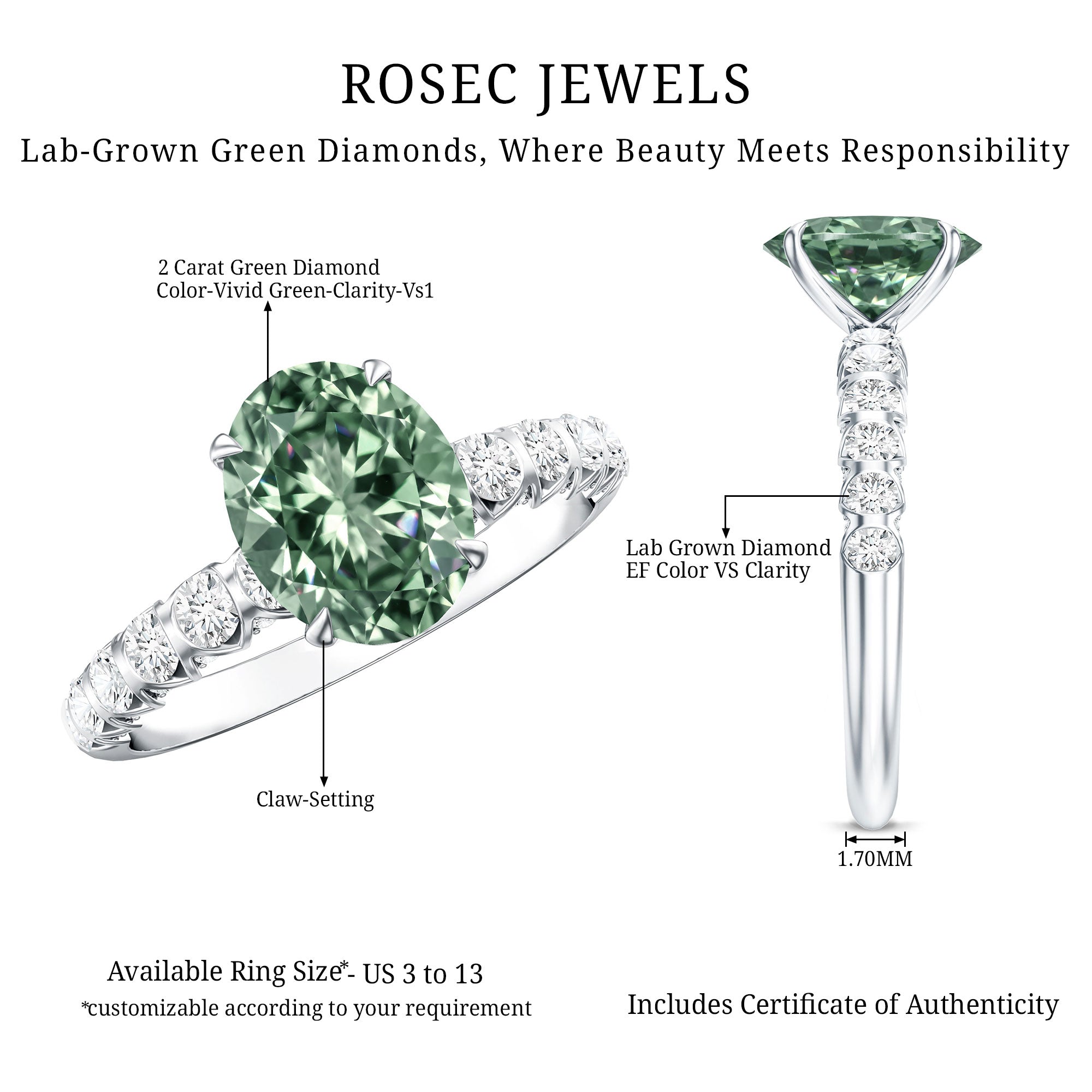 Rosec Jewels-IGI Certified 2 Carat Lab Green Diamond Oval Engagement Ring with Side Stones