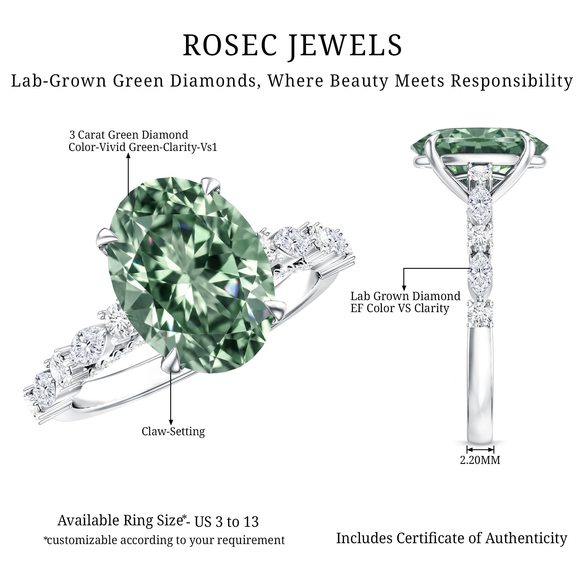 3 Carat IGI Certified Lab Grown Green Diamond Side Stone Engagement Ring for Women Vivid Green - VS1 - Rosec Jewels
