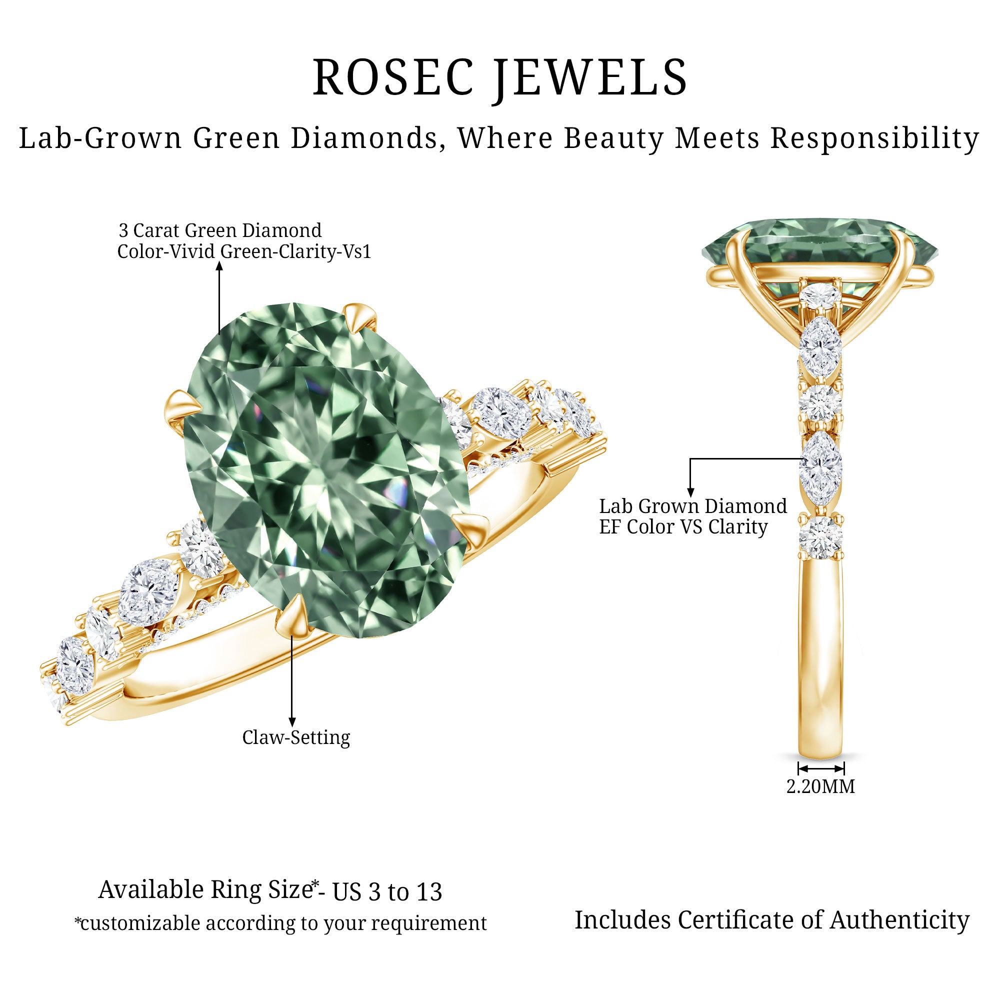 3 Carat IGI Certified Lab Grown Green Diamond Side Stone Engagement Ring for Women Vivid Green - VS1 - Rosec Jewels