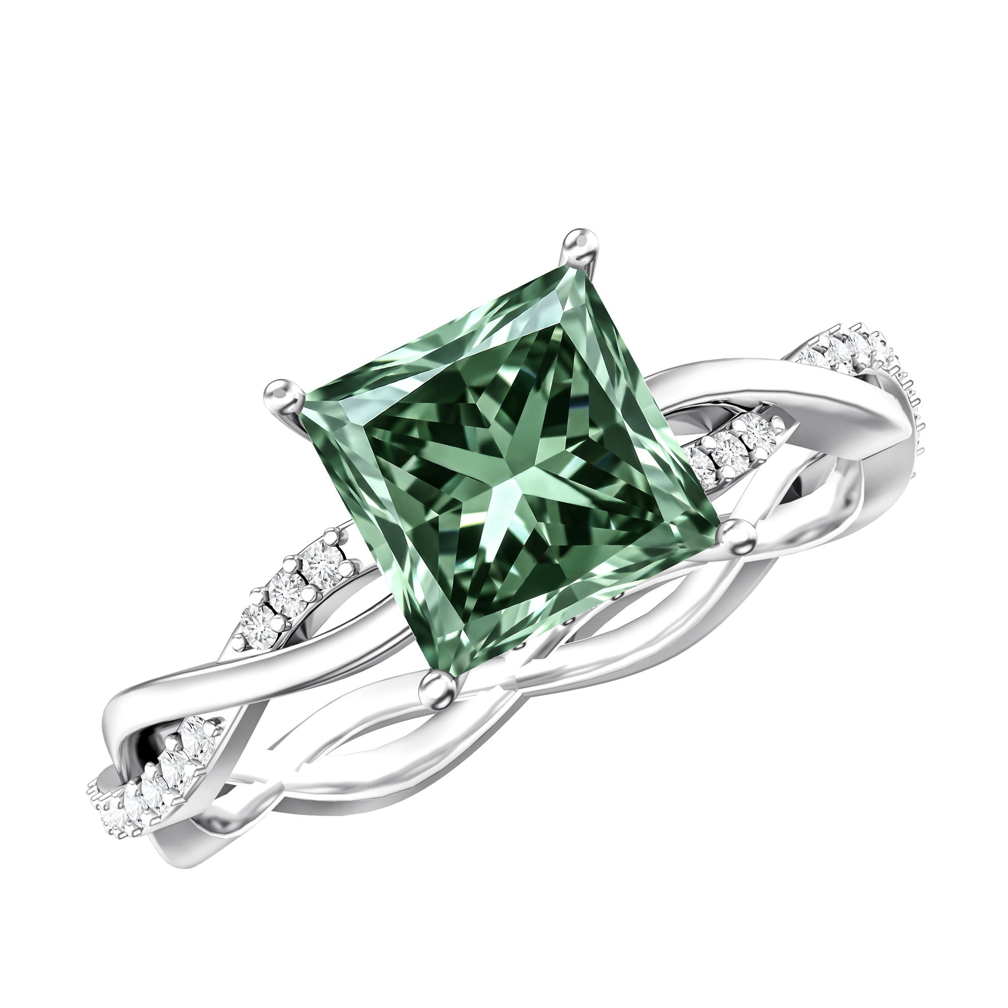Rosec Jewels-IGI Certified 2 Carat Princess Cut Lab Green Diamond Braided Engagement Ring for Women