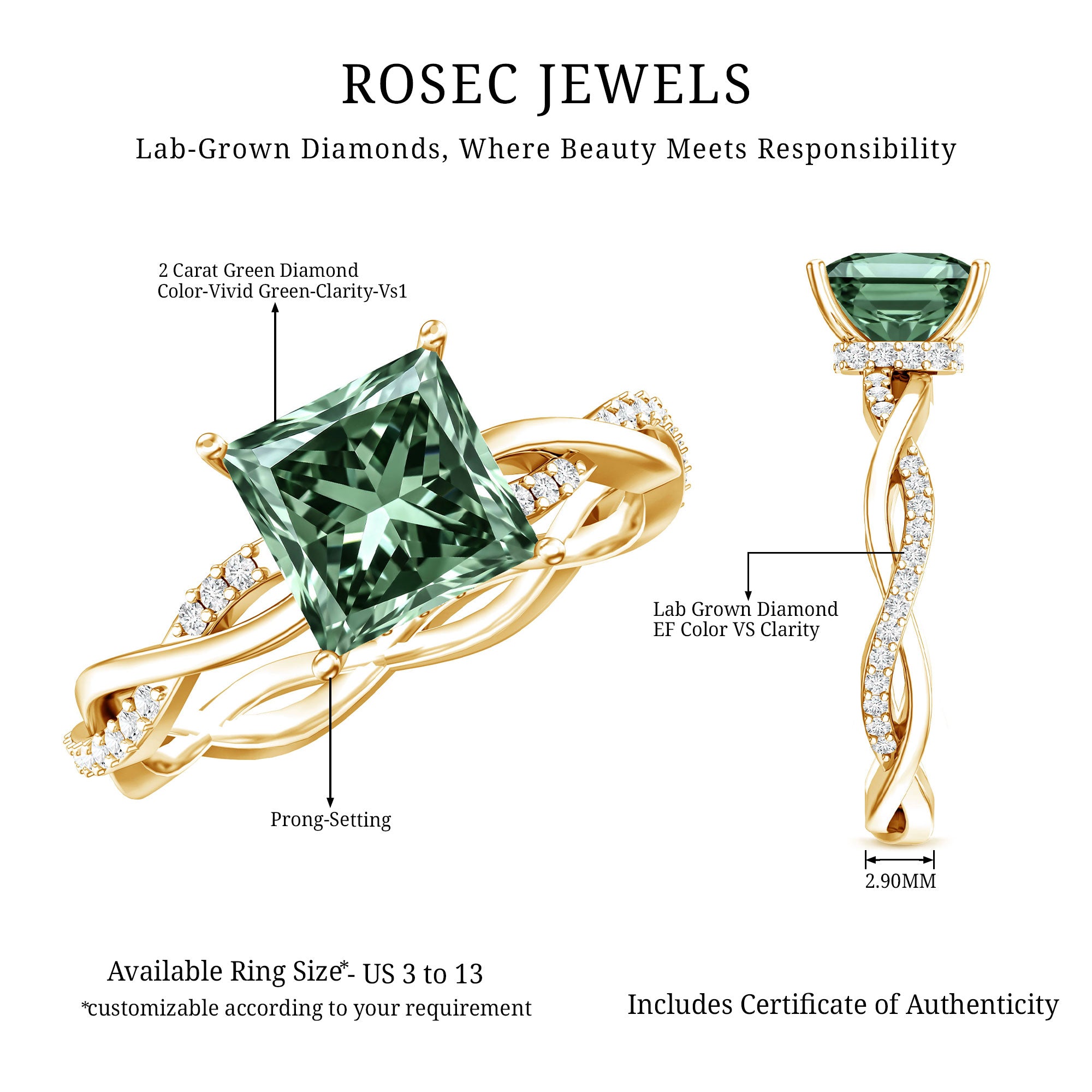 Rosec Jewels-IGI Certified 2 Carat Princess Cut Lab Green Diamond Braided Engagement Ring for Women