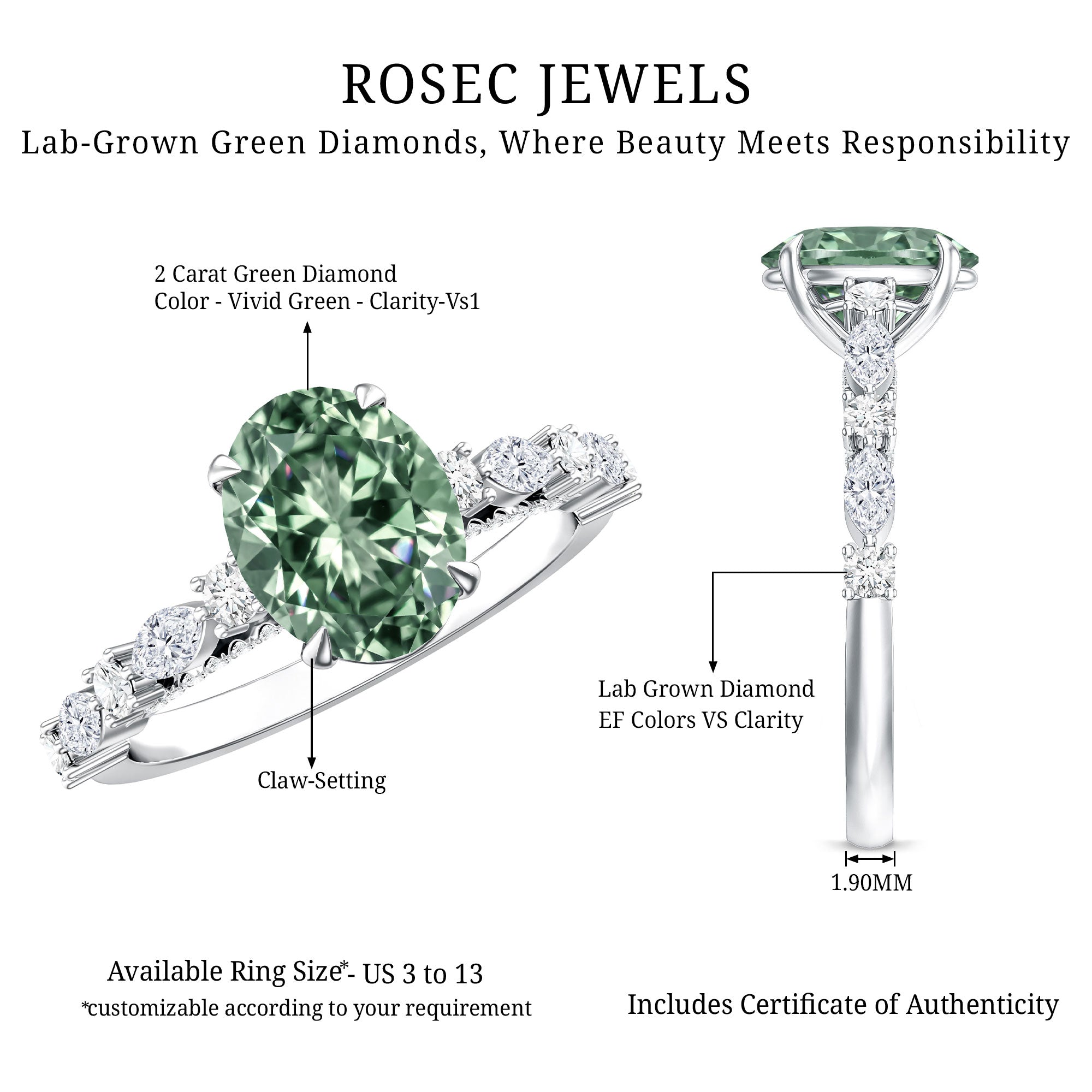 Oval Shaped 2 Carat Lab Grown Green Diamond Engagement Ring with IGI Certificate Vivid Green - VS1 - Rosec Jewels