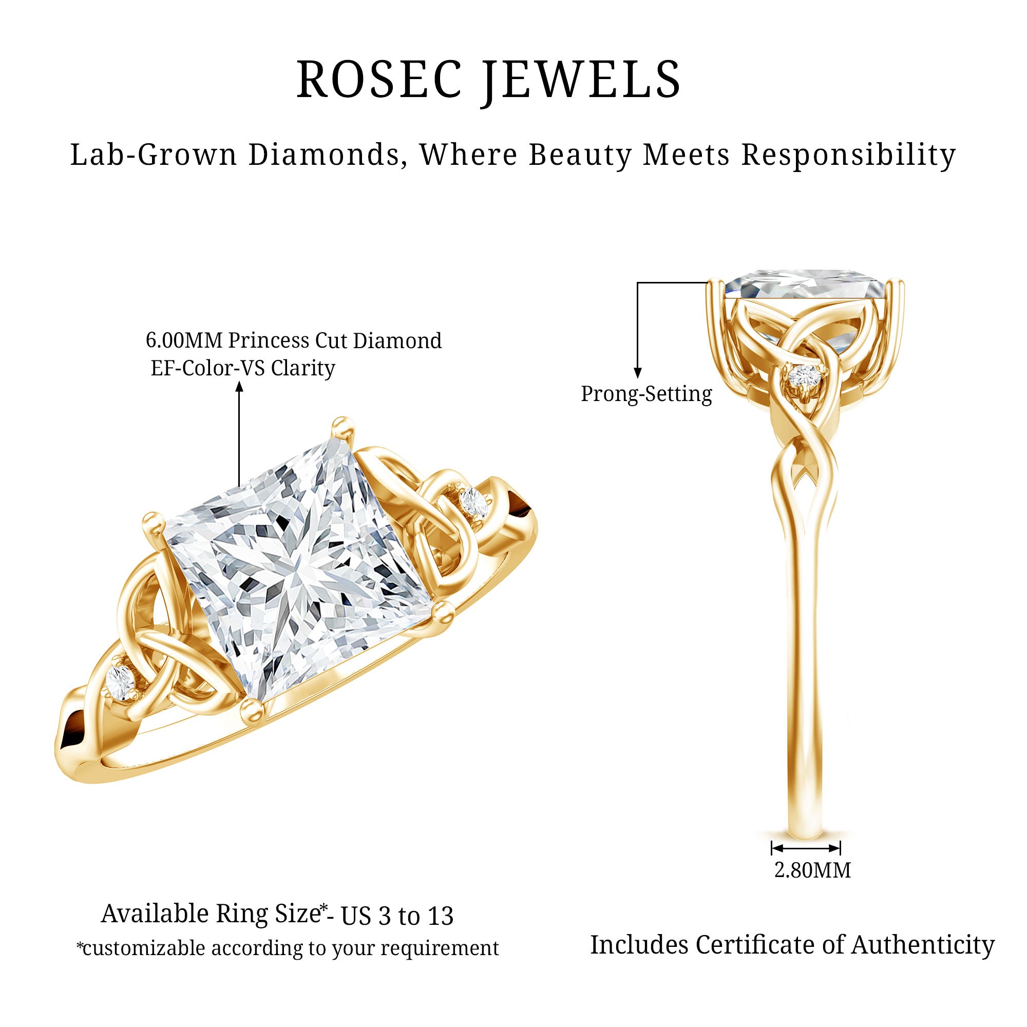 IGI Certified Lab Grown Diamond 3 Carat Princess Cut Engagement Ring with Celtic Knot Lab - ( E-VS1 ) - Rosec Jewels