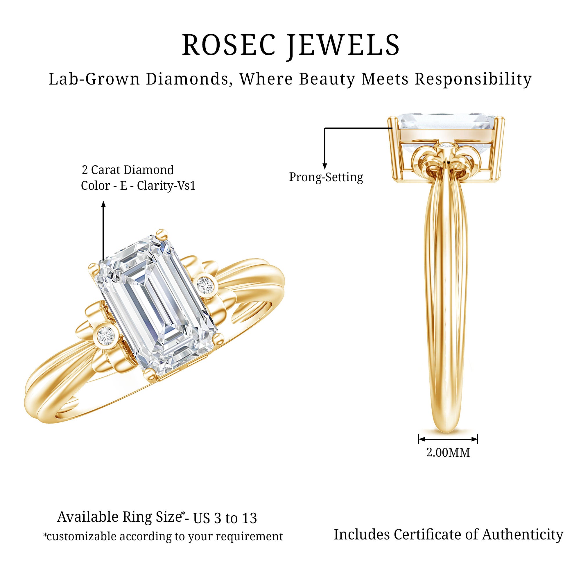IGI Certified 2 Carat Lab Grown Diamond Emerald Cut Solitaire Engagement Ring with Bow Lab - ( E-VS1 ) - Rosec Jewels
