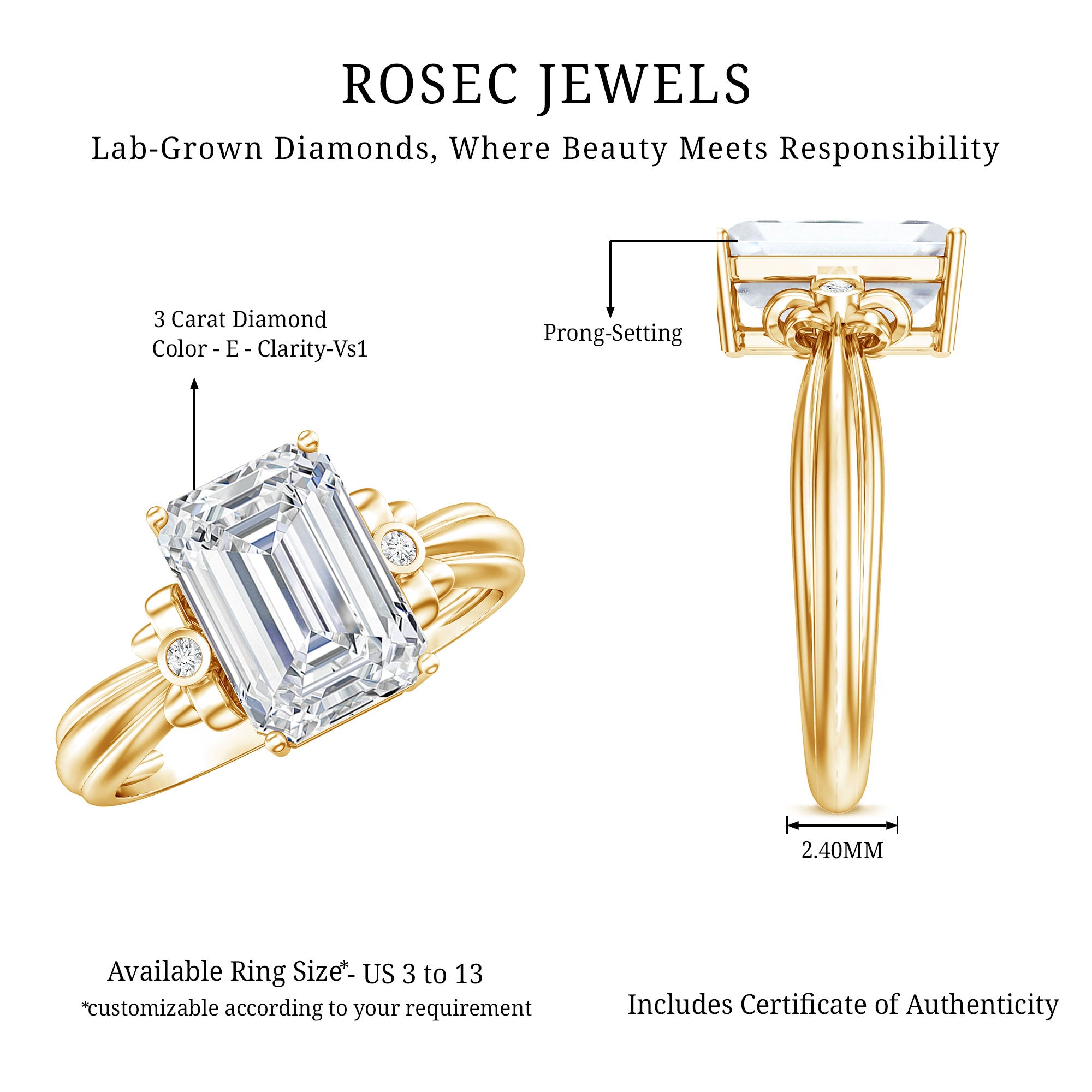 Rosec Jewels-Emerald Cut Lab Grown Diamond 3 Carat Engagement Ring IGI Certified