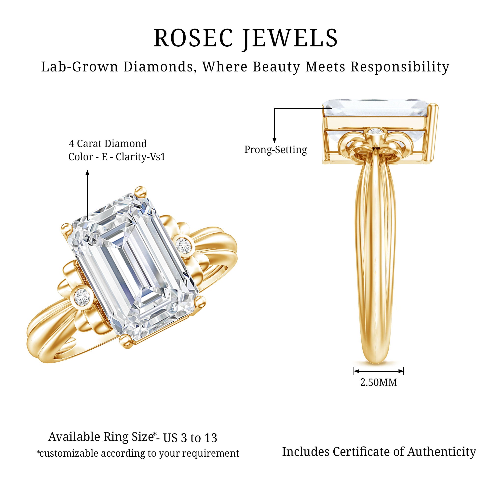 Rosec Jewels-IGI Certified 4 Carat Emerald Cut Lab Grown Diamond Solitaire Engagement Ring with Bow