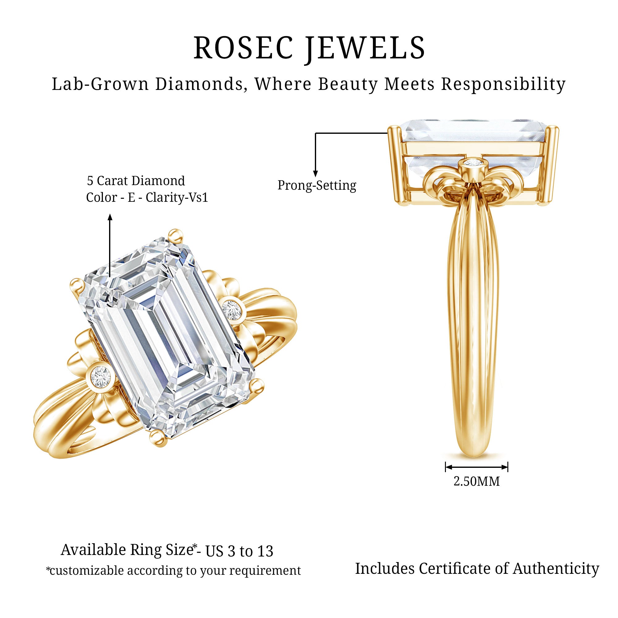 Rosec Jewels-Emerald Cut Solitaire Lab Grown Diamond 5 Carat Engagement Ring IGI Certified