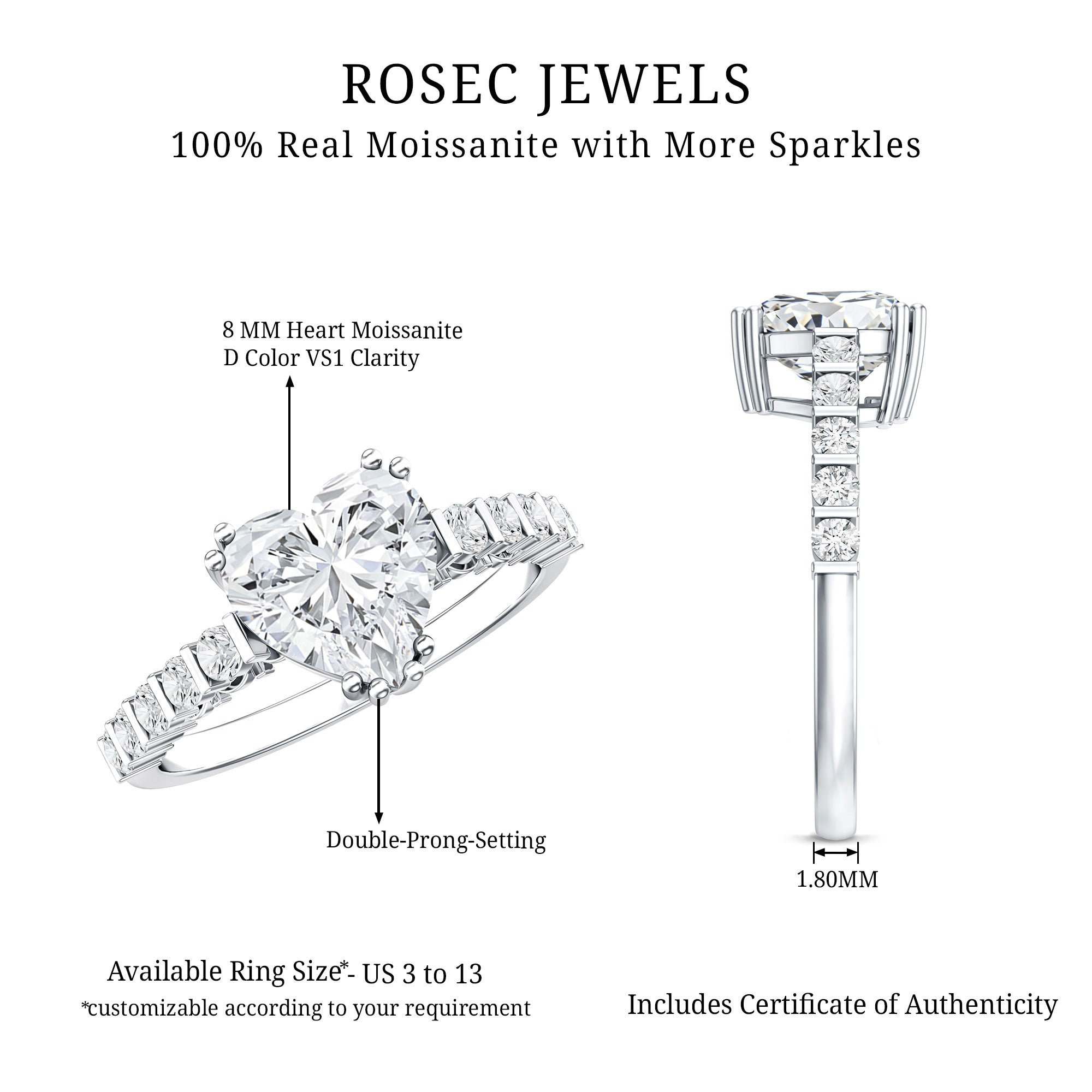 IGI Certified Lab Grown Diamond Heart Engagement Ring 2 Carat Lab - ( E-VS1 ) - Rosec Jewels