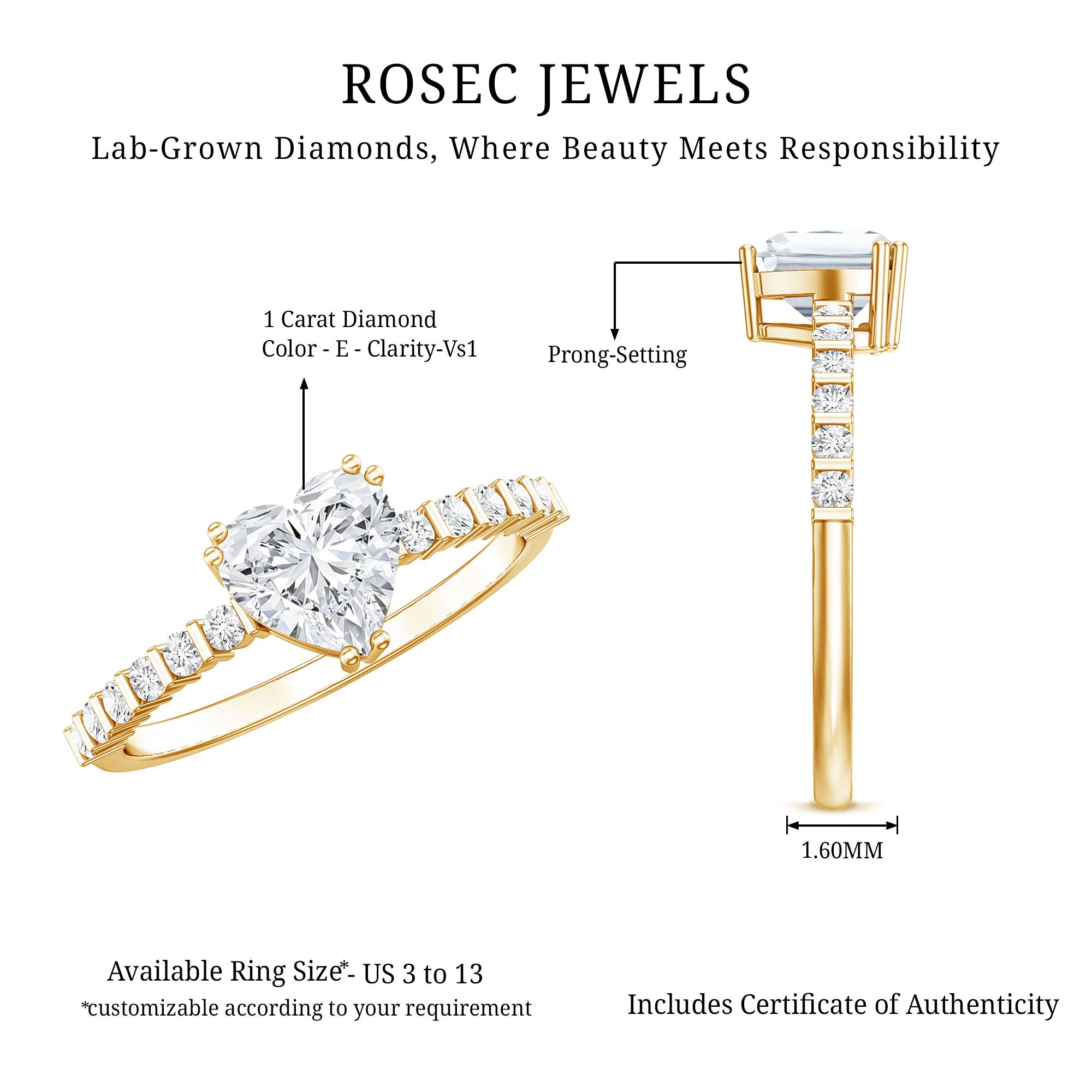 Rosec Jewels-IGI Certified Lab Grown Diamond 1 Carat Heart Engagement Ring for Women