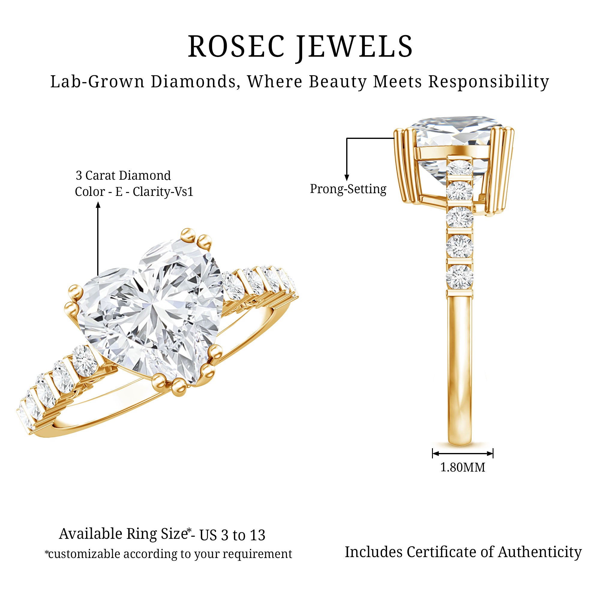 Rosec Jewels-IGI Certified Lab Grown 3 Carat Diamond Heart Engagement Ring with Side Stones