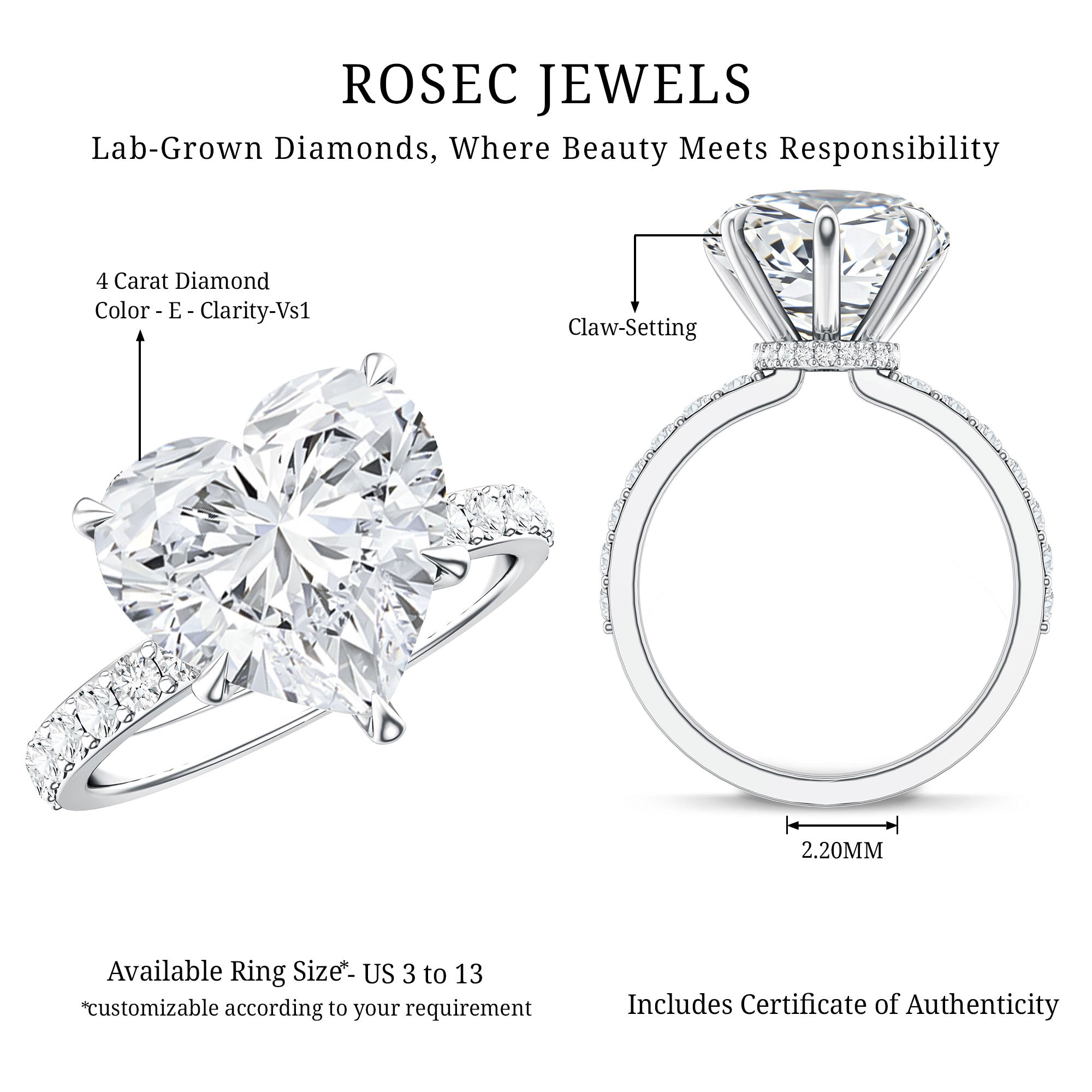 Rosec Jewels-Solitaire Heart Engagement Ring with 5 Carat IGI Certified Lab Grown Diamond