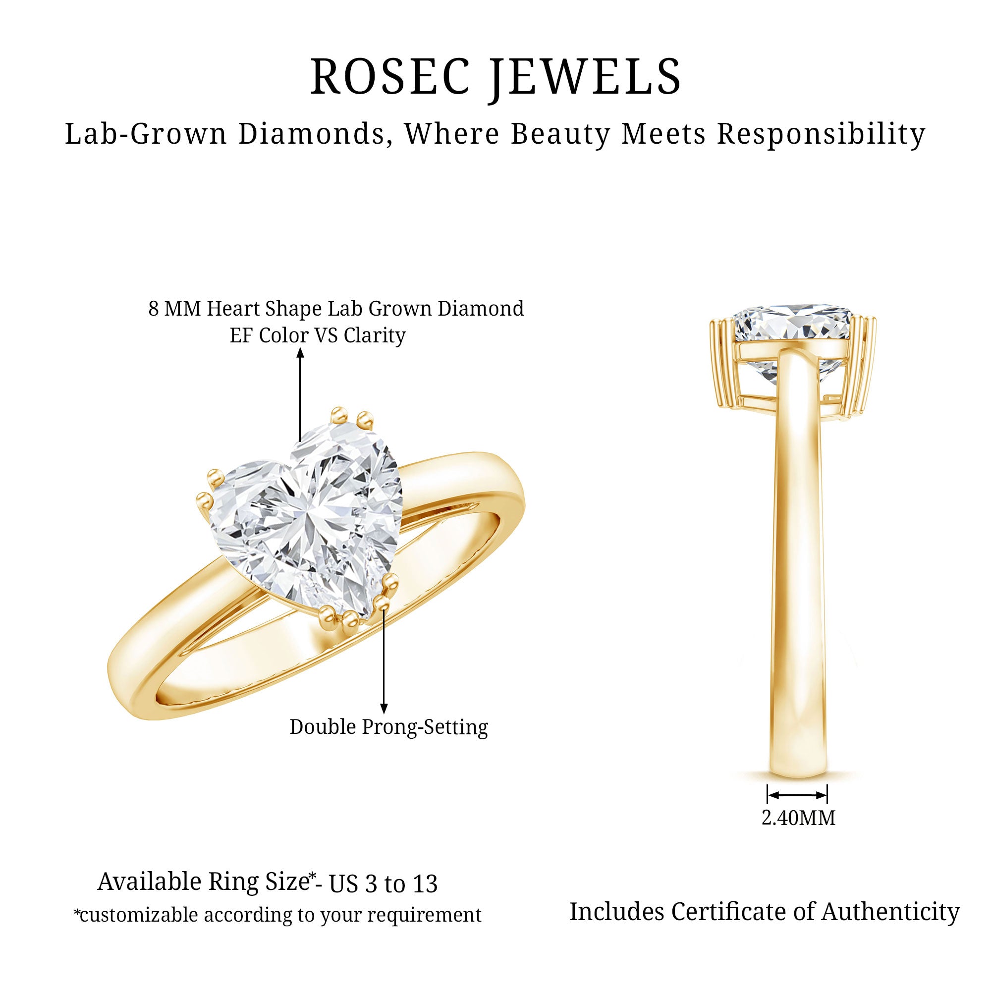 Heart Shaped 2 Carat Lab Grown Diamond Solitaire Engagement Ring with IGI Certificate Lab - ( E-VS1 ) - Rosec Jewels